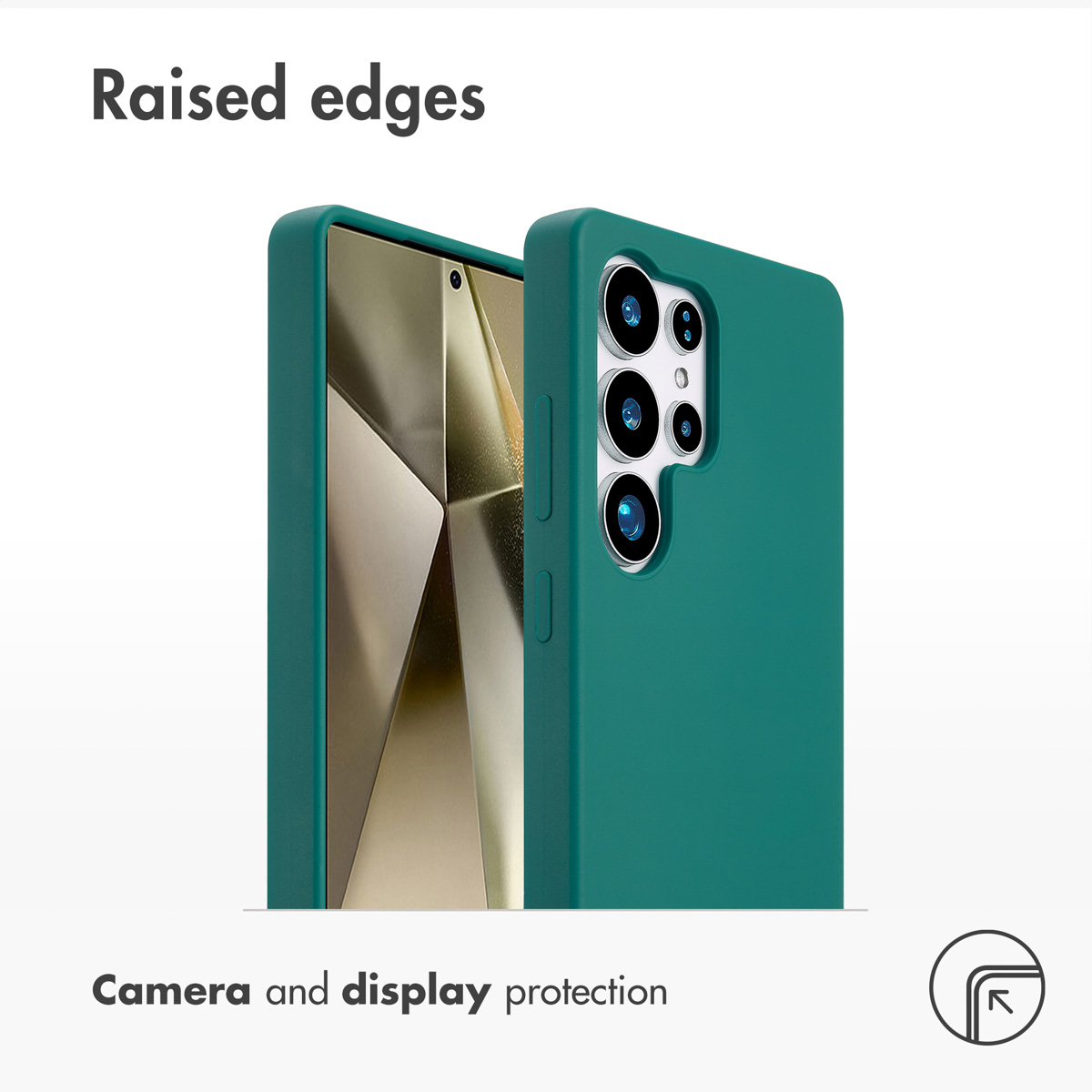 Funda de teléfono verde con bordes elevados para protección de cámara y pantalla.