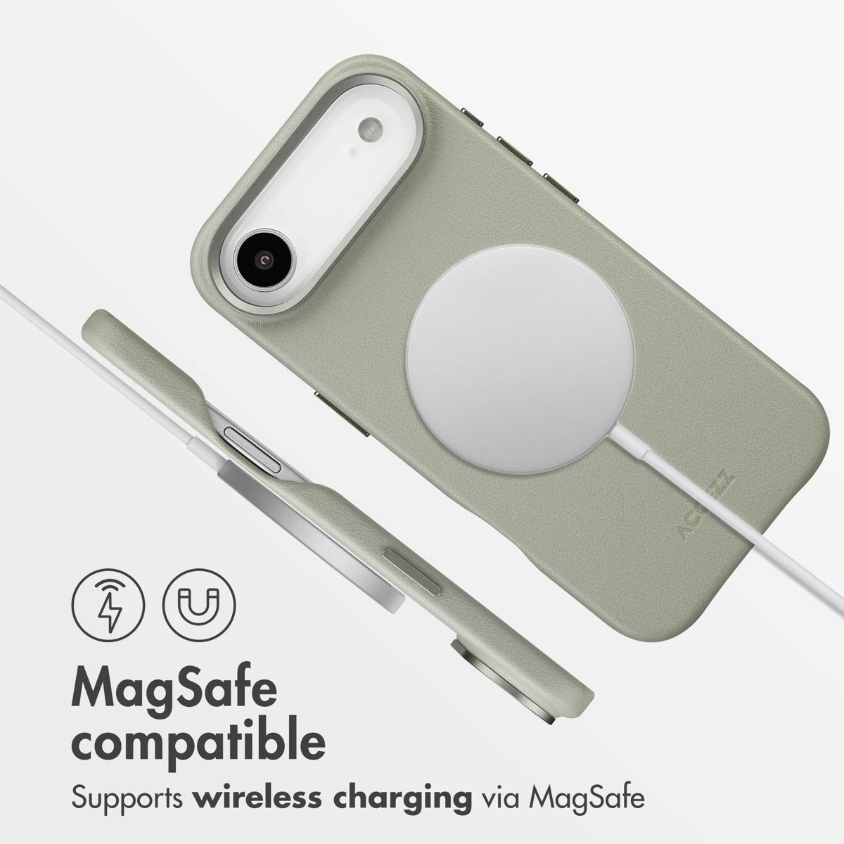 Funda de teléfono verde con cargador y cable MagSafe sobre fondo blanco.