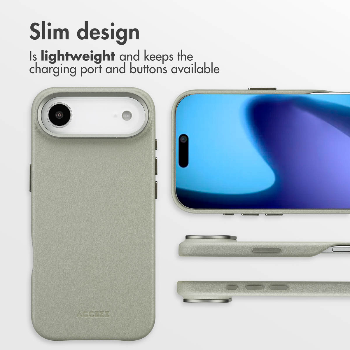 Una funda de móvil delgada de color verde claro mostrada desde varios ángulos.