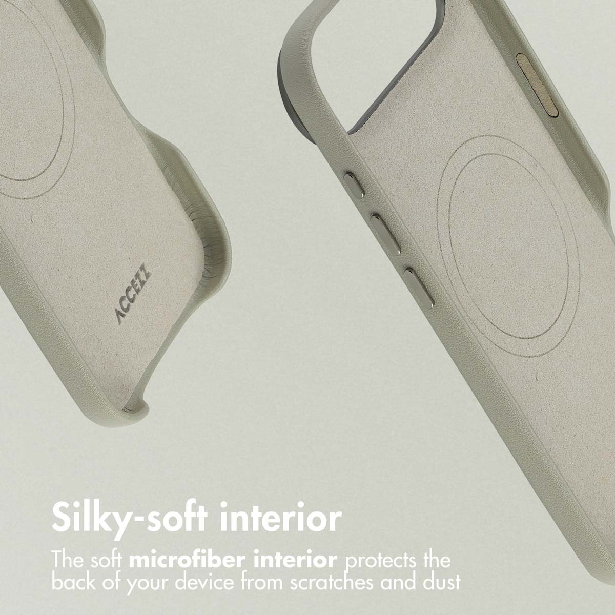 Funda de teléfono beis con forro interior de microfibra suave y círculo de carga inalambrica.