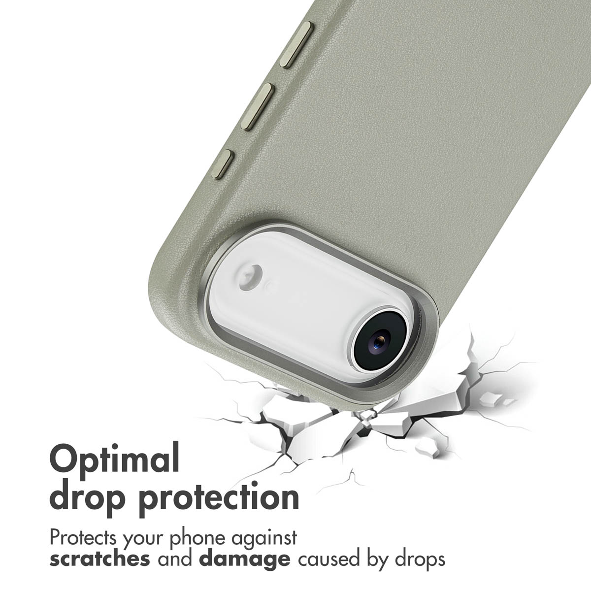 Funda de móvil verde con recorte de cámara sobre fondo blanco agrietado.
