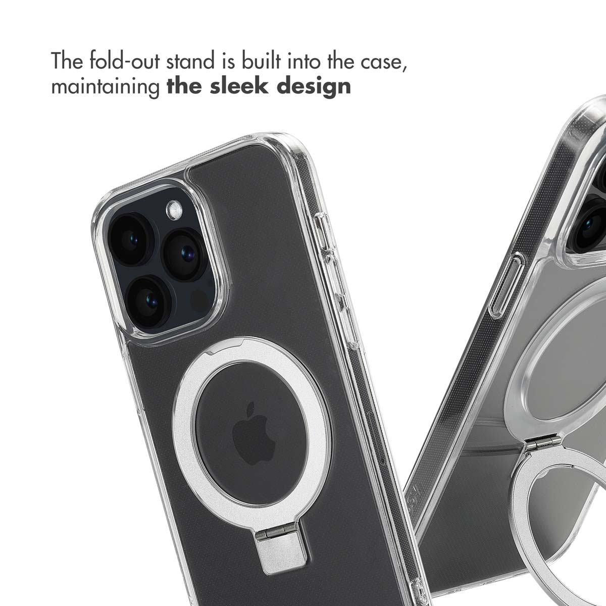 Due custodie per telefono trasparenti con anelli magnetici e supporti pieghevoli su sfondo bianco.