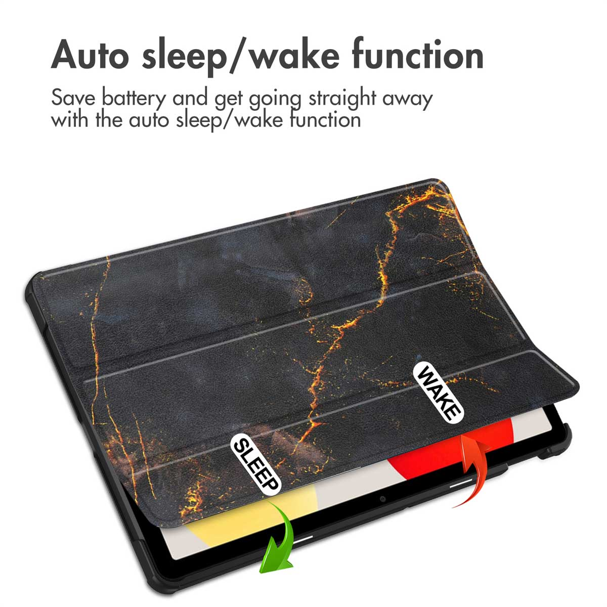 Tablet in zwart-gouden marmeren hoes toont de auto sleep/wake functie met groene en rode pijlen.
