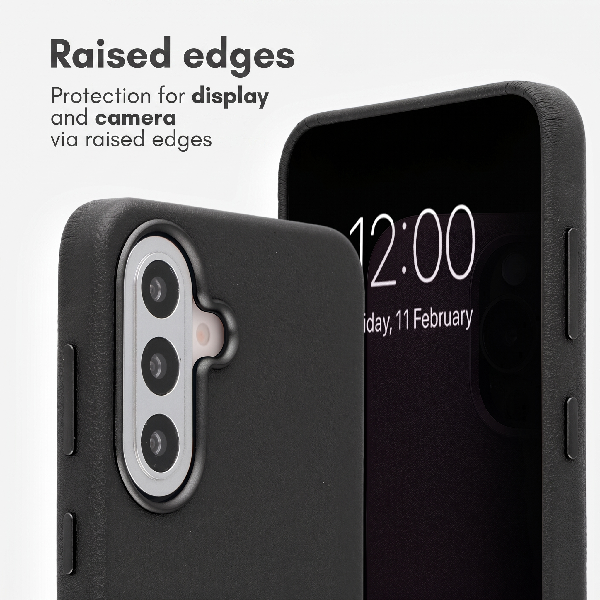 Funda de smartphone con bordes elevados para proteger la pantalla y la cámara.