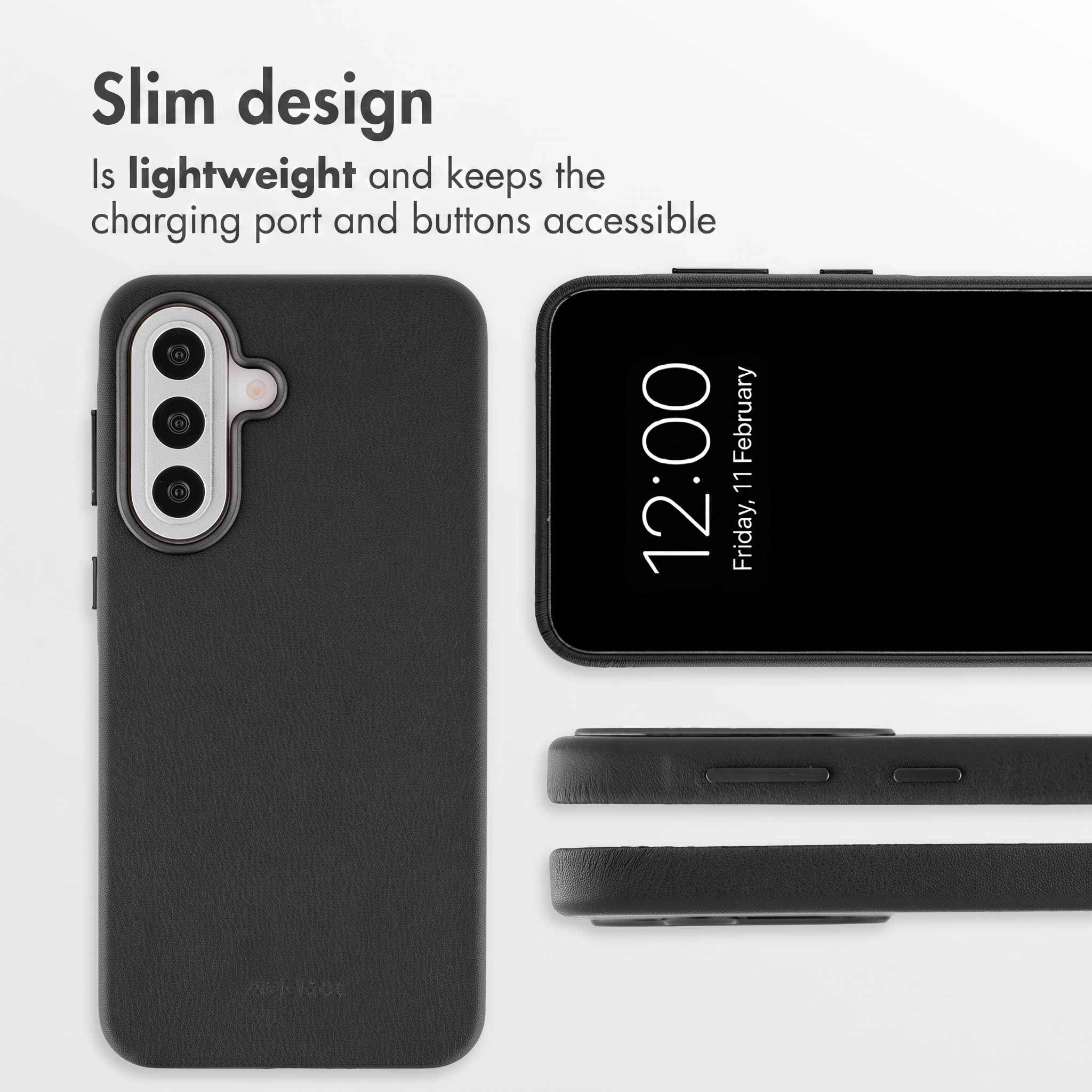 Funda de smartphone delgada negra que muestra lentes de cámara y texto sobre su diseño ligero.