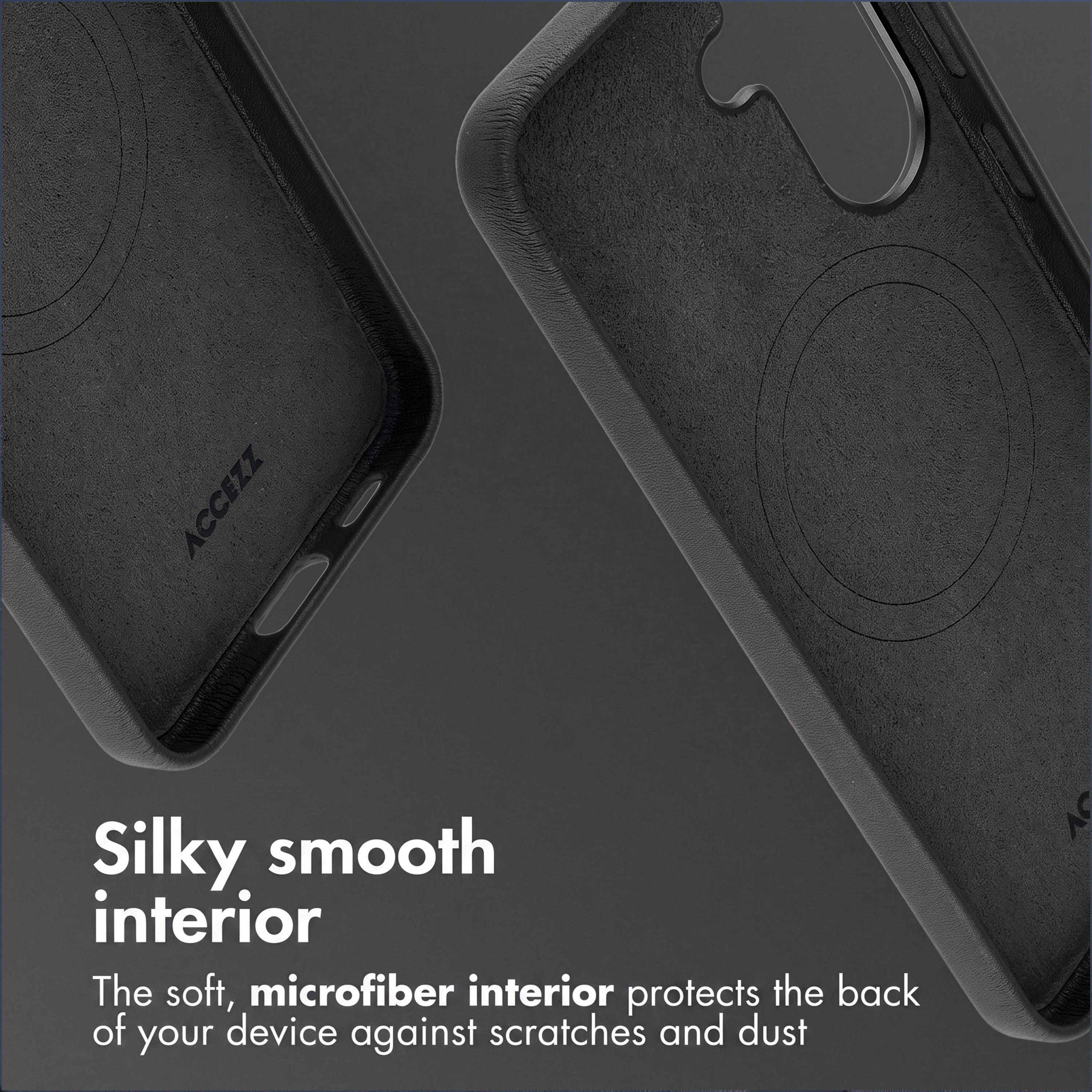 Dos fundas de móvil negras con un suave forro interior de microfibra sobre fondo gris.