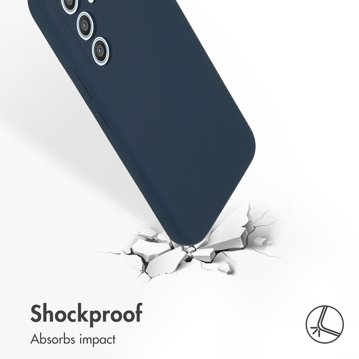 Cover per cellulare blu scuro impatta su una superficie bianca fessurata, con testo Shockproof.