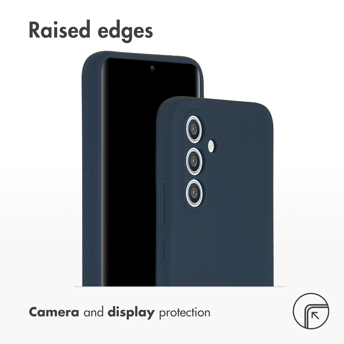 Custodia per telefono blu scuro con bordi rialzati per protezione di fotocamera e display.