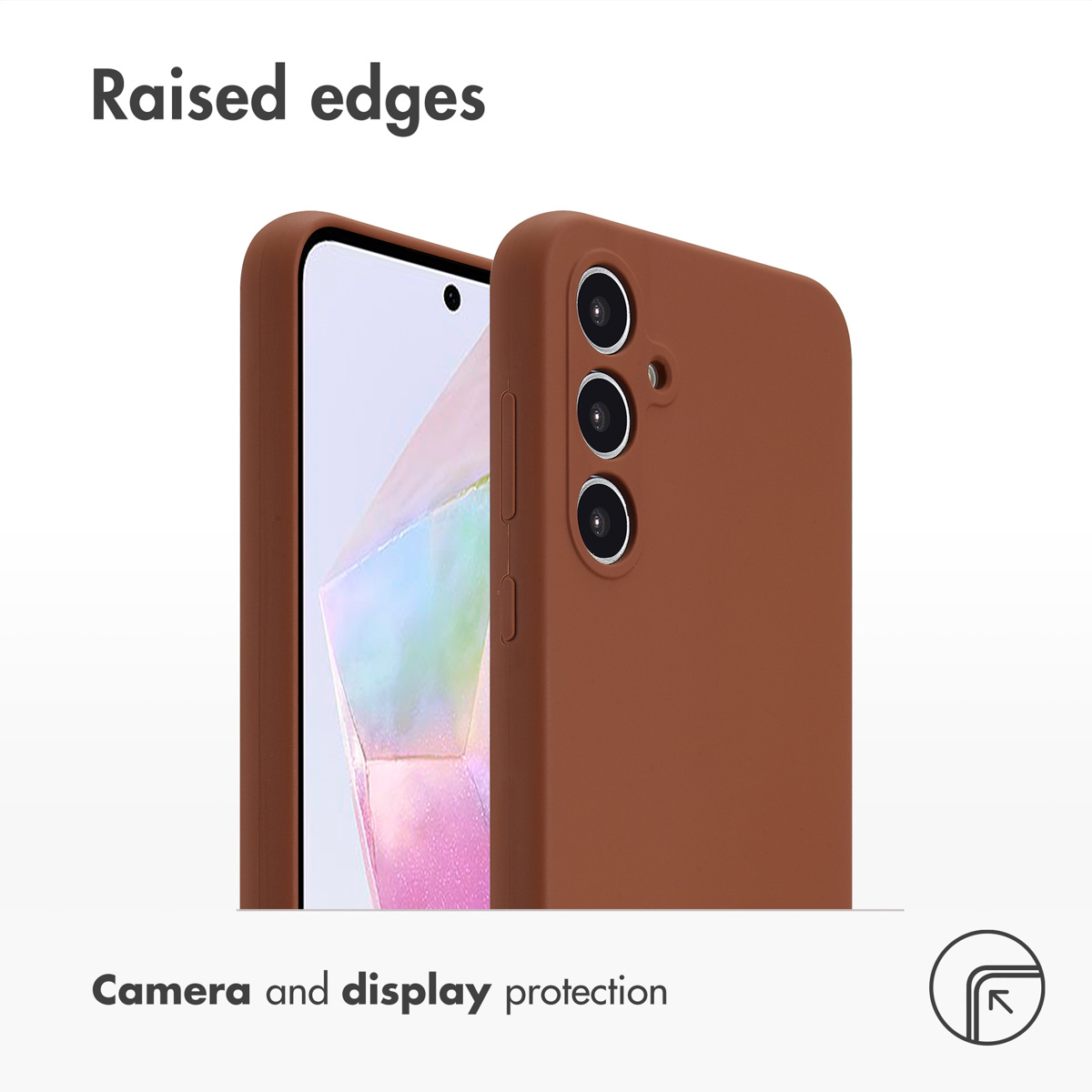 Smartphone en una funda marrón con bordes elevados para proteger cámara y pantalla.