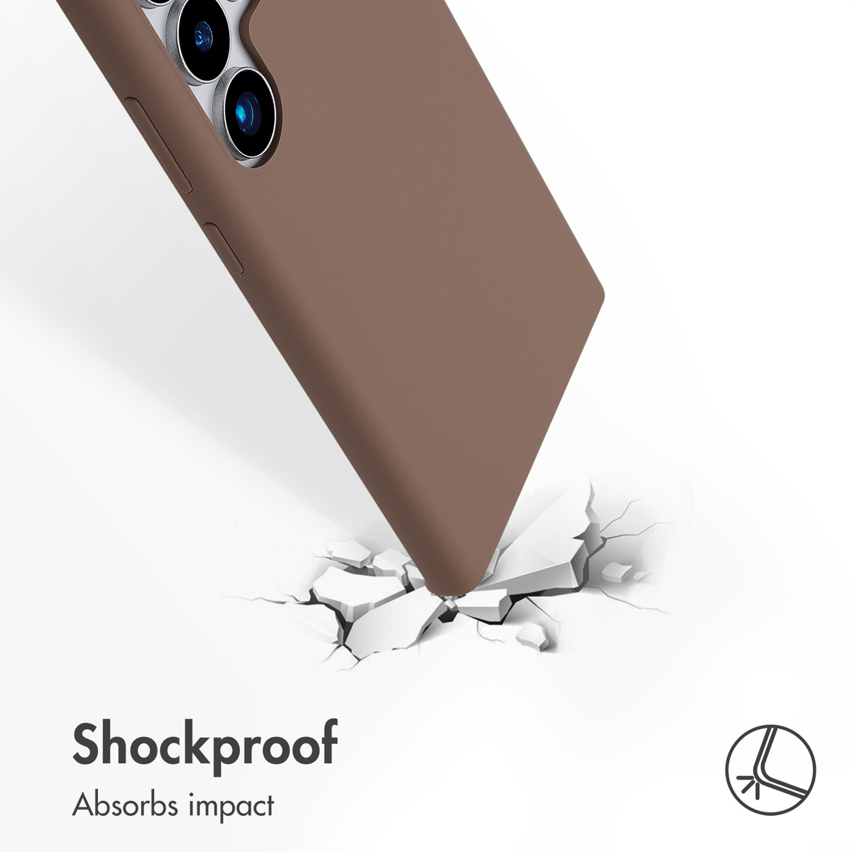 Ein braunes Smartphone in einer Schutzhülle trifft auf eine zerbrechende weiße Oberfläche.