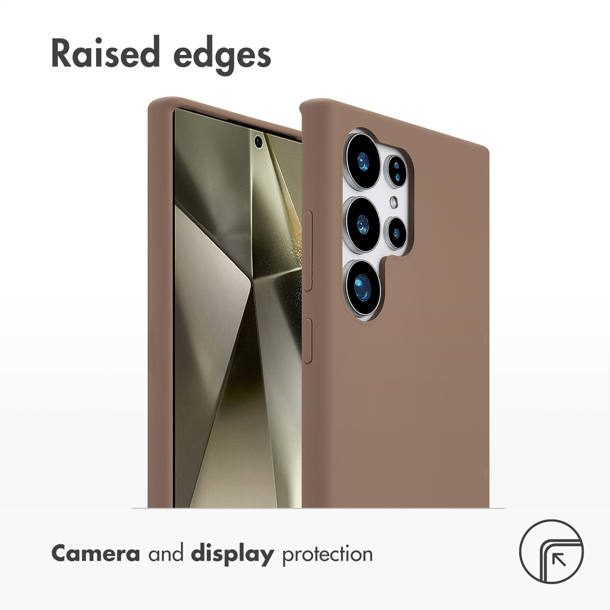Braune Smartphone-Hülle zeigt erhöhte Ränder für Kamera- und Display-Schutz auf weißem Hintergrund.