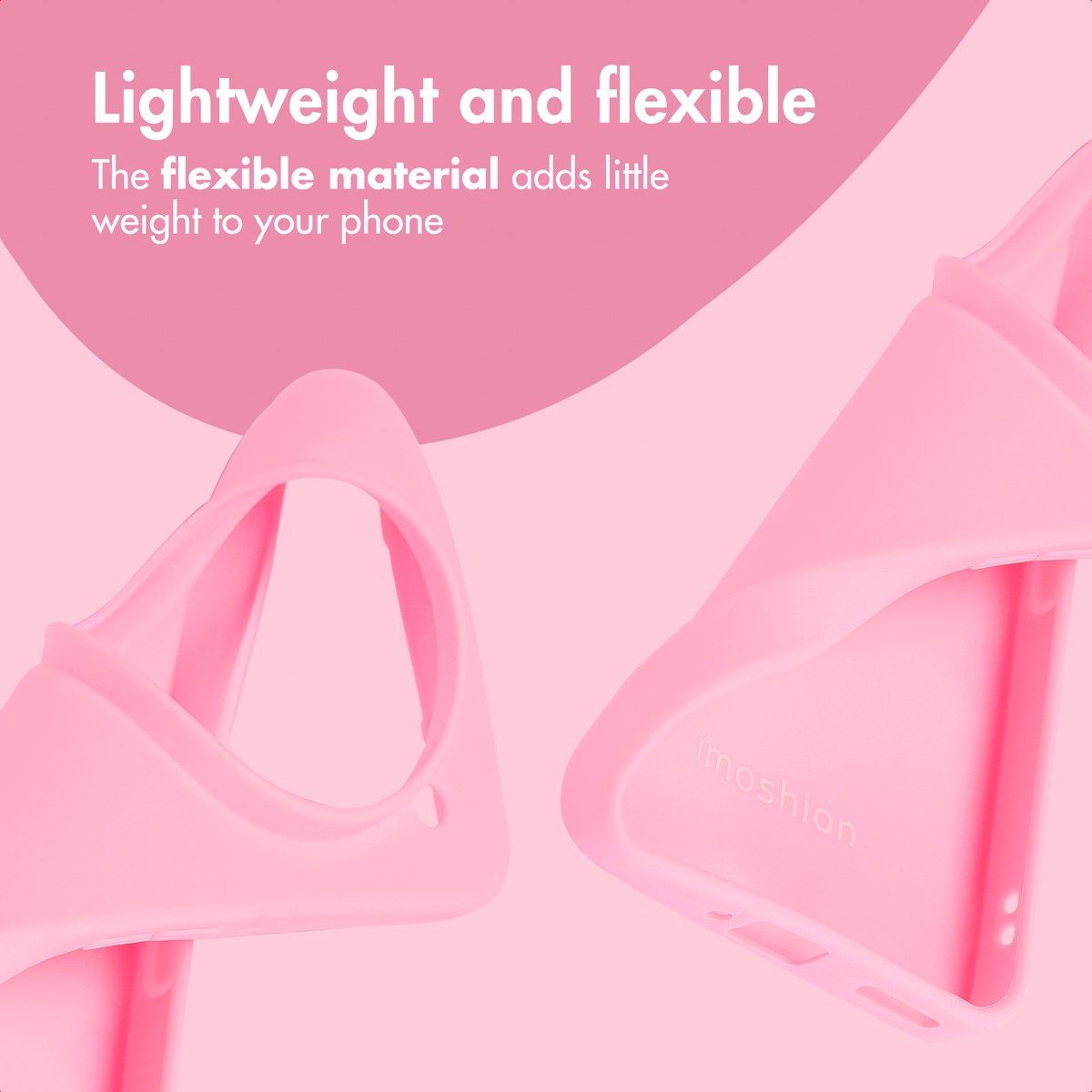 Funda de teléfono rosa con texto: Lightweight and flexible.