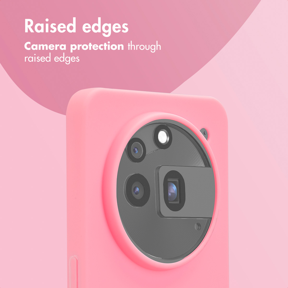 Funda rosa para móvil con borde elevado alrededor de la cámara redonda.