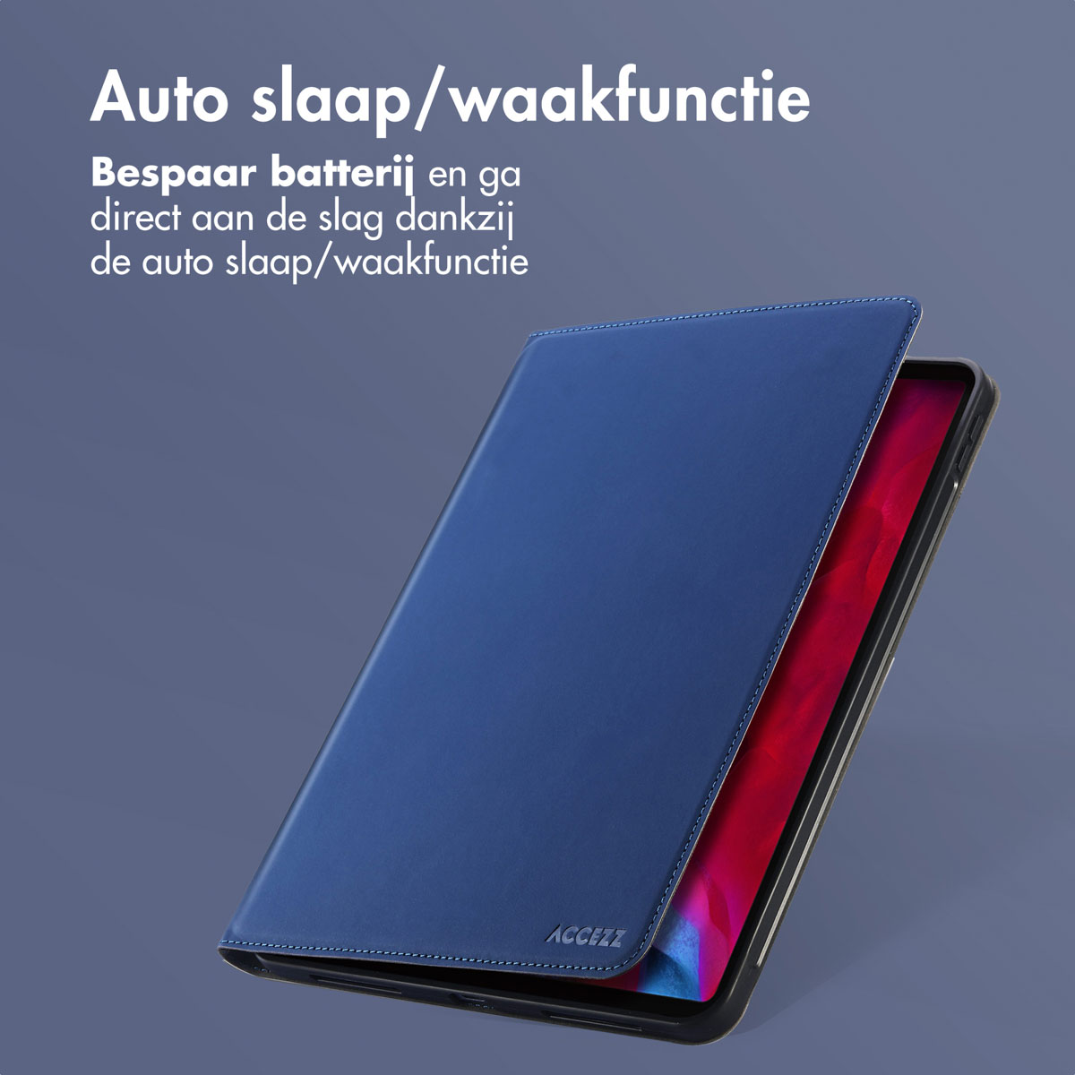 Una custodia blu per tablet con funzione di sospensione e riattivazione automatica.