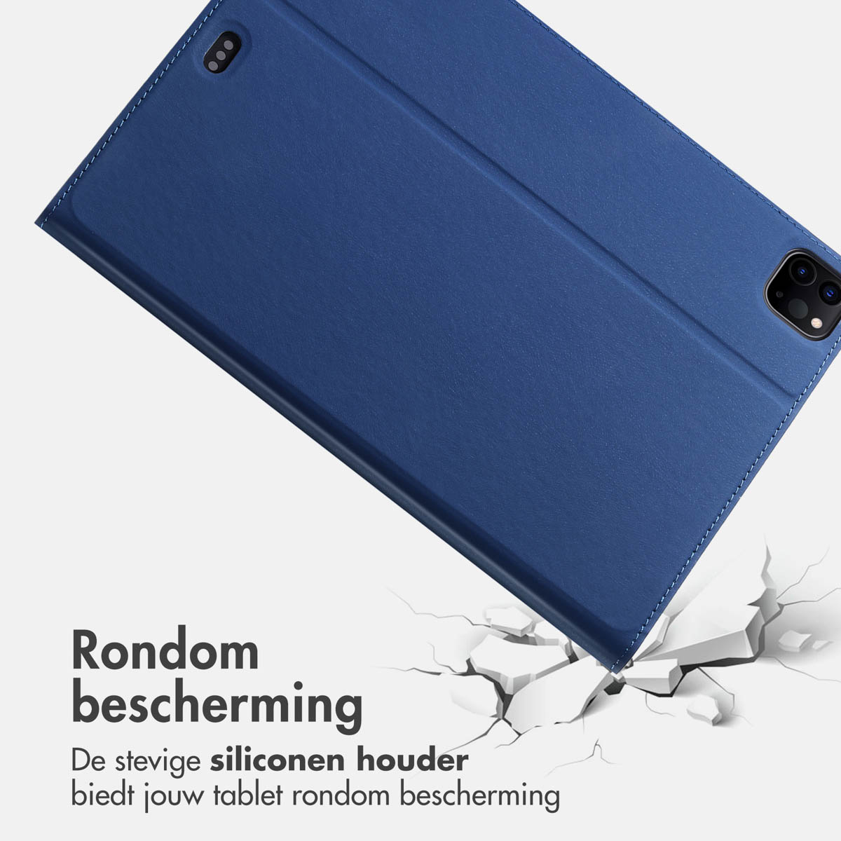 Una custodia blu per tablet su sfondo bianco con del testo.