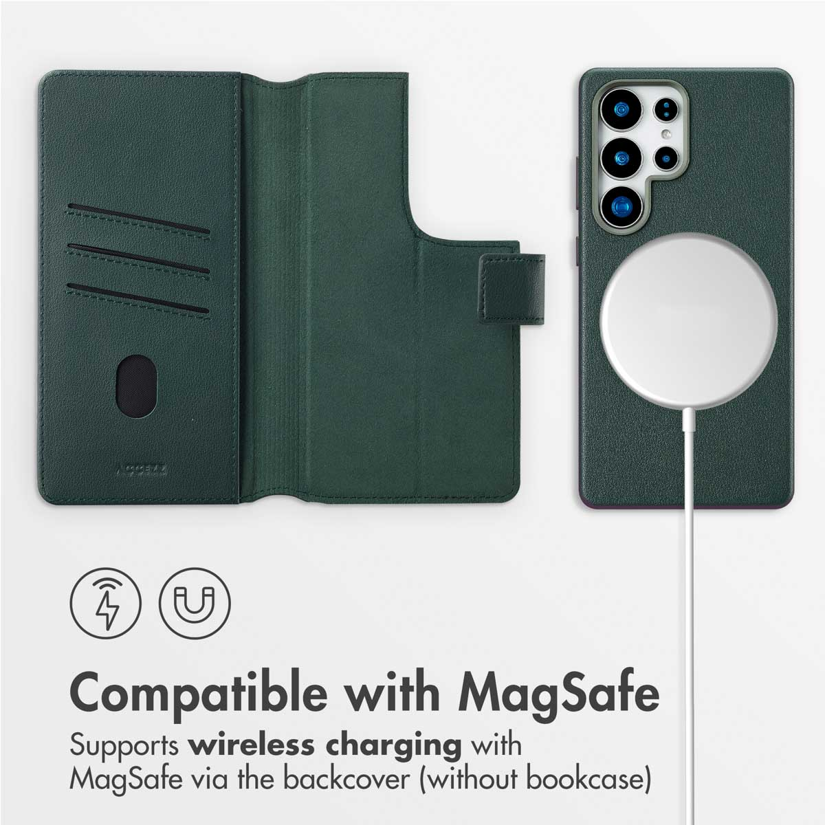 Custodia in pelle verde per telefono con porta carte e caricatore MagSafe bianco.