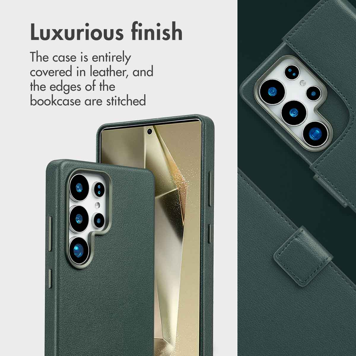 Custodia in pelle verde scuro per smartphone con cuciture visibili e ritagli precisi per la fotocamera.