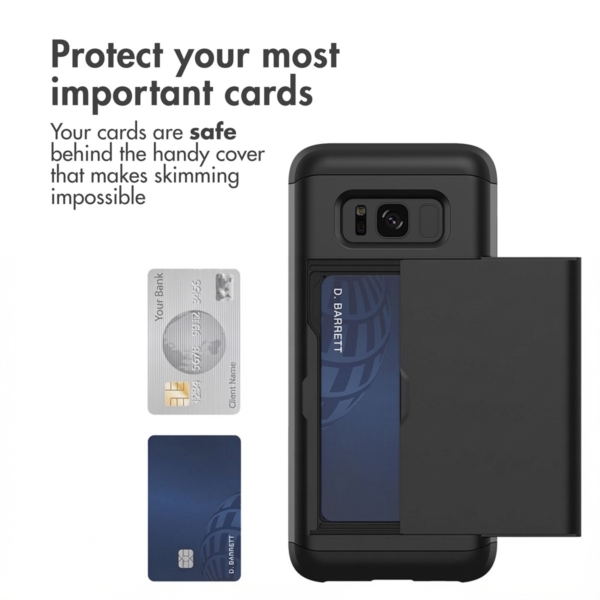 Una custodia nera con porta carte scorrevole e due carte di credito.