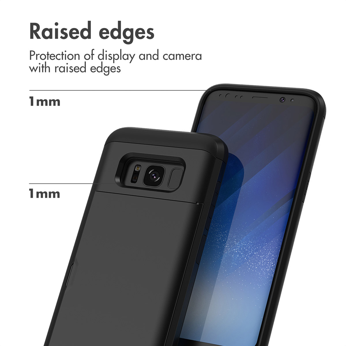 Custodia per smartphone nera con bordi rialzati di 1 mm per proteggere schermo e fotocamera.