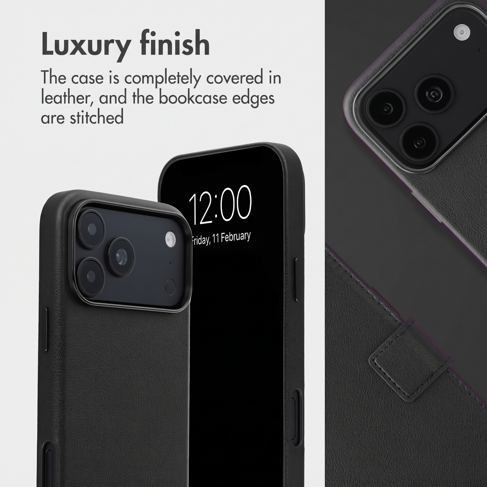 Coque de téléphone en cuir de luxe avec bords cousus et module caméra.