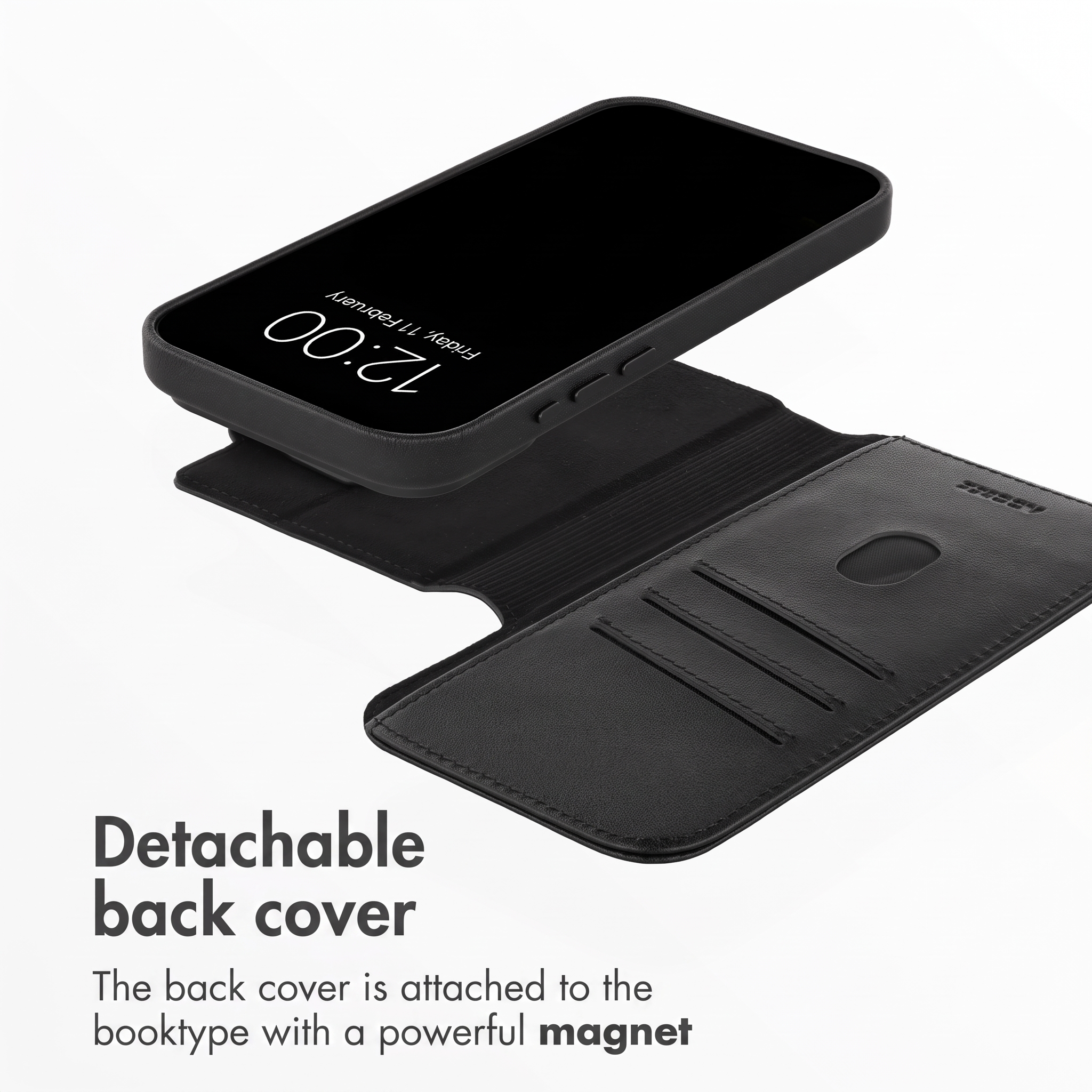 Étui de téléphone en cuir noir avec coque arrière détachable et fentes pour cartes.