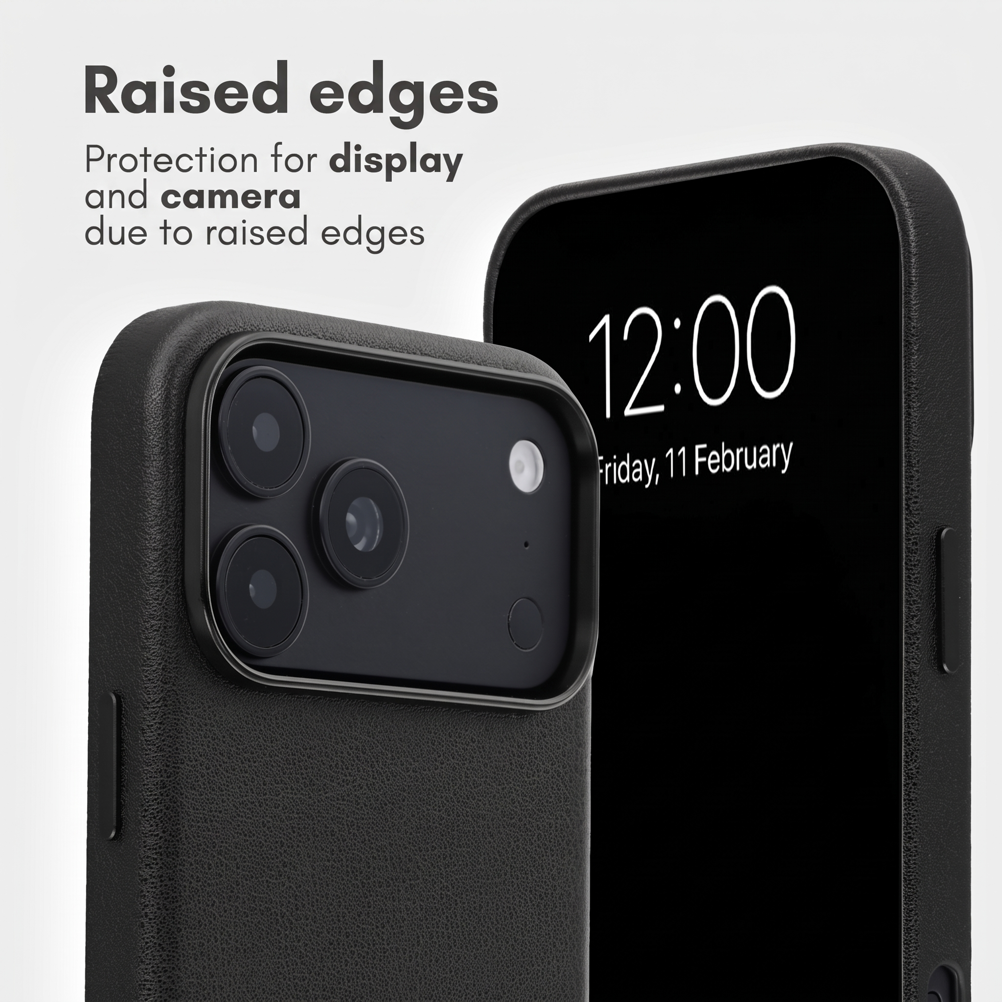 Coque de téléphone noire avec bords surélevés protégeant l'écran et la caméra.