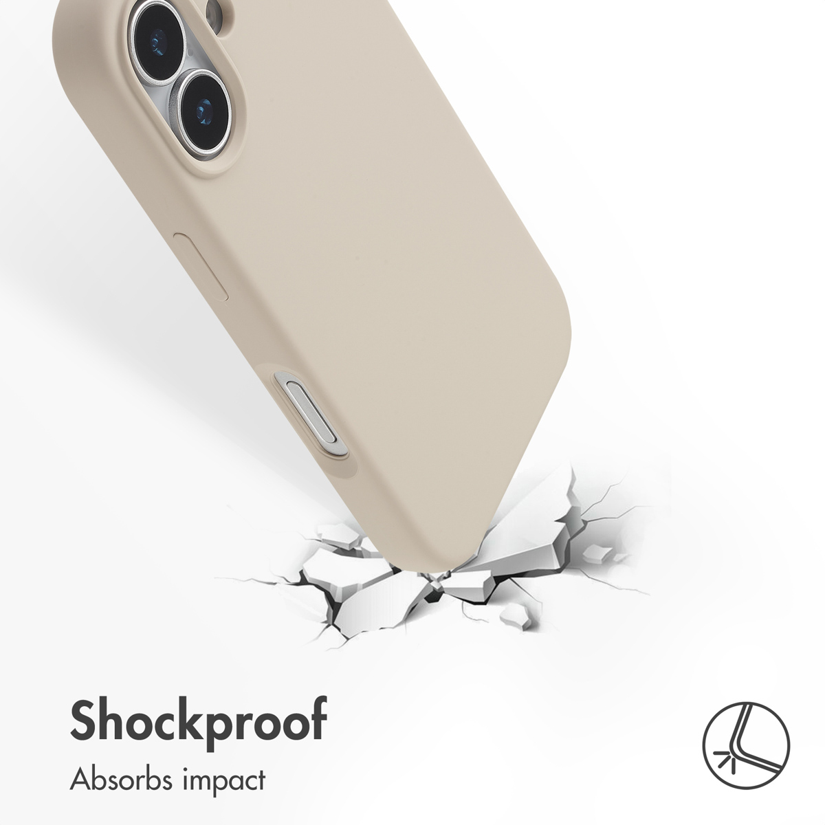 Een beige telefoonhoesje raakt een brekend wit oppervlak. Tekst: Shockproof. Absorbs impact.