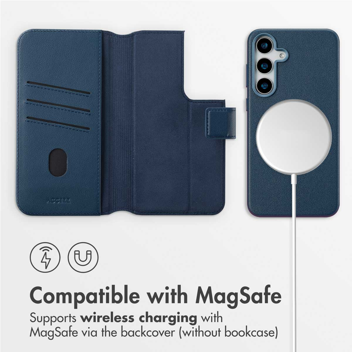 Blaue Leder-Handyhülle mit Kartenfächern und kabellosem MagSafe-Ladegerät.