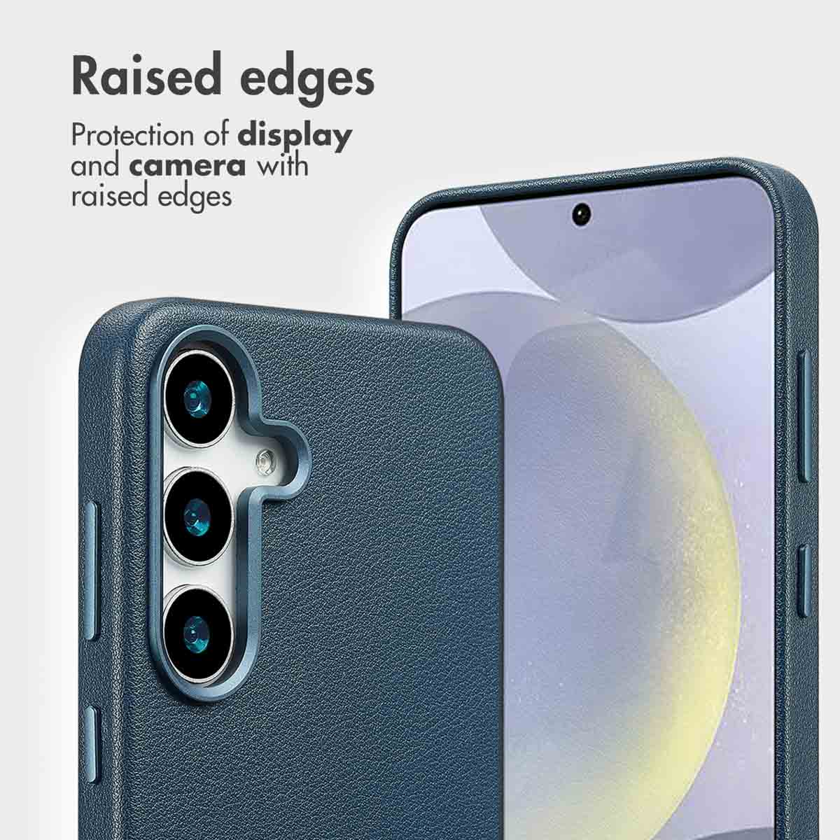 Blaue Smartphone-Hülle mit erhöhten Rändern für Display- und Kameraschutz.