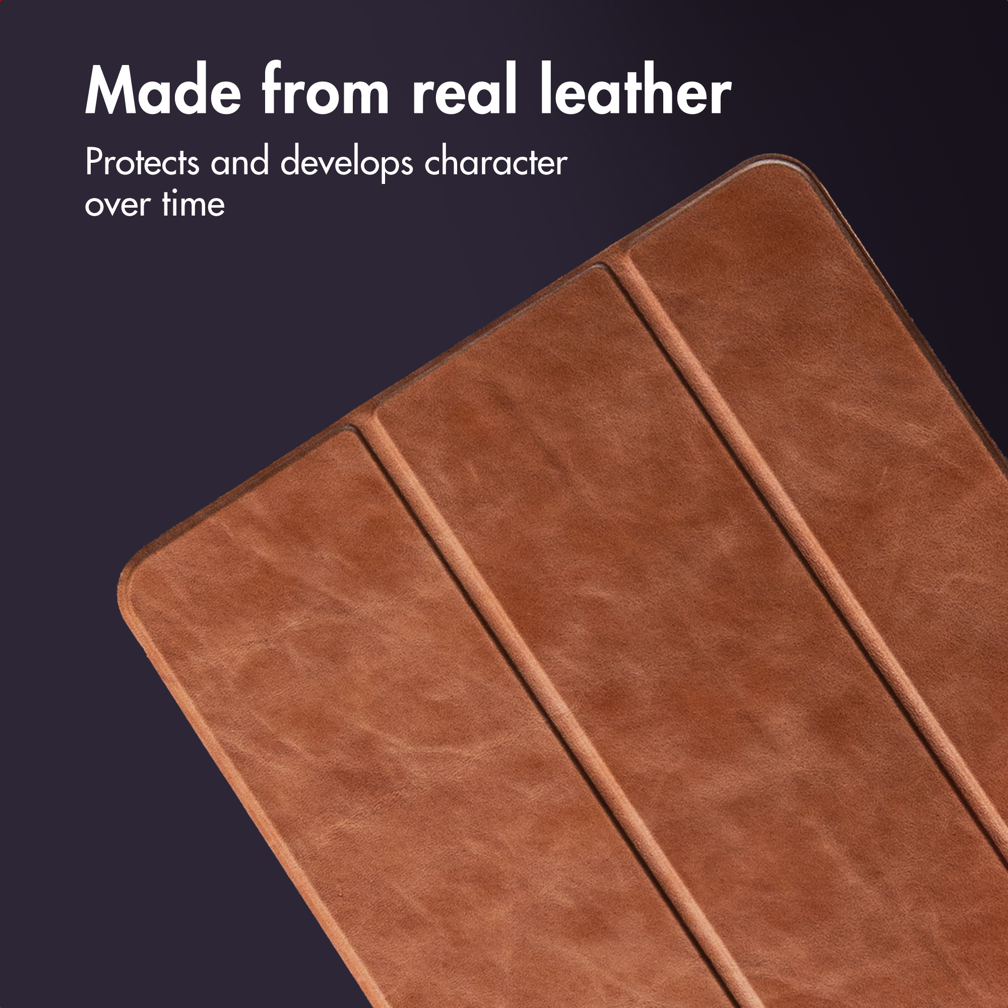 Close-up van een bruin leren tabletcover tegen een donkere achtergrond, met tekst over echt leer.