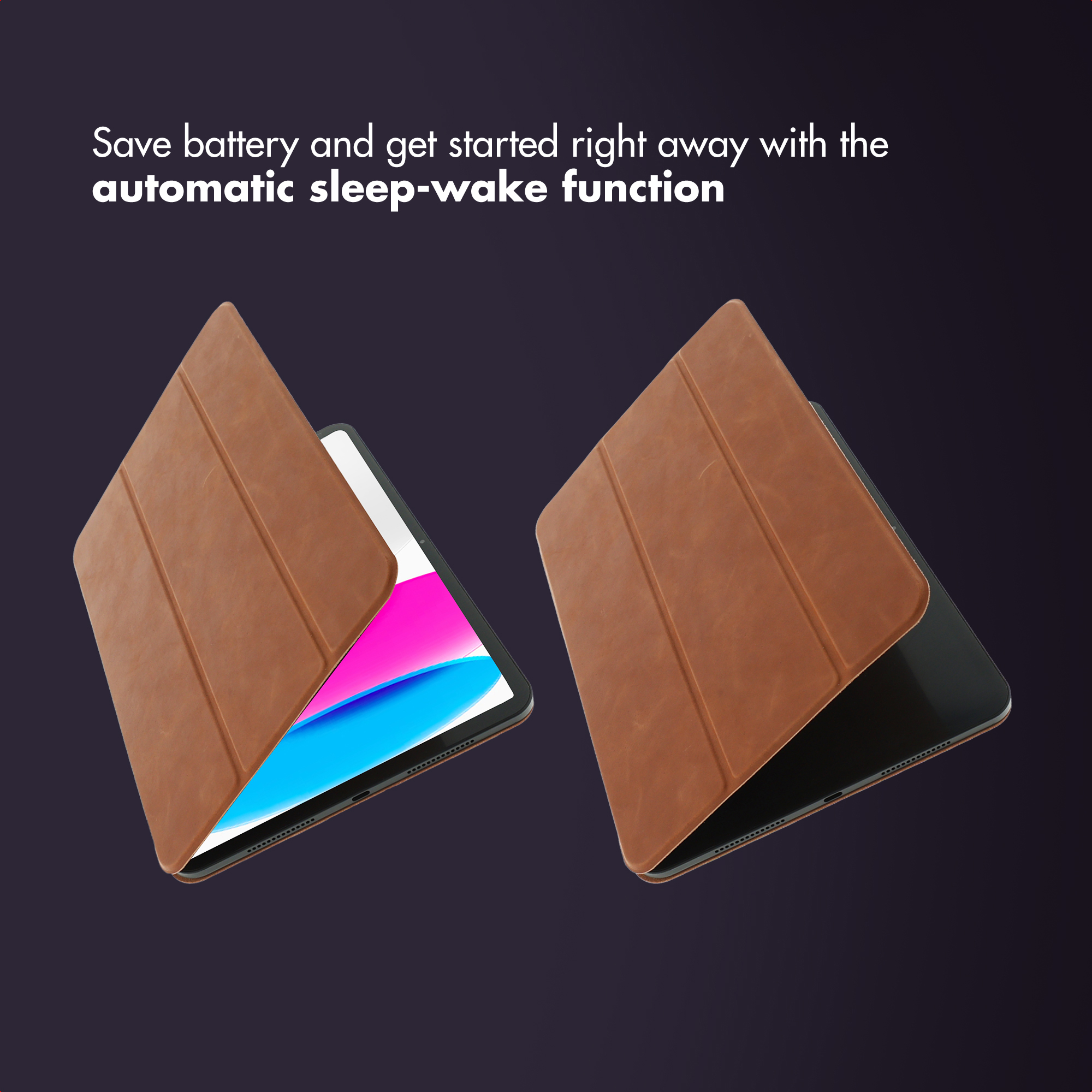 Two tablets in brown leather cases on dark background, one opening to show colorful screen.