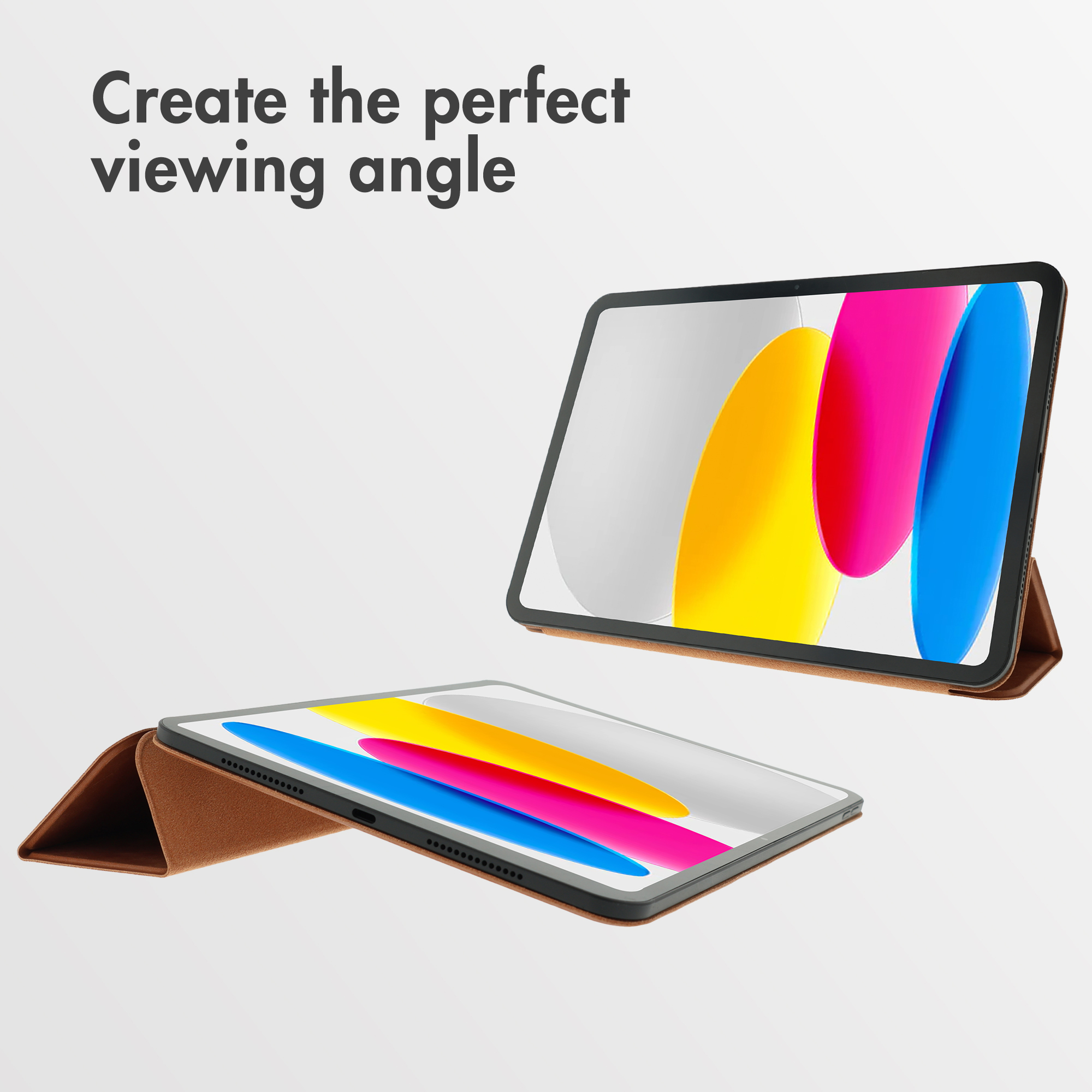 Two tablets in brown cases stand on a white background with text "Create the perfect viewing angle".