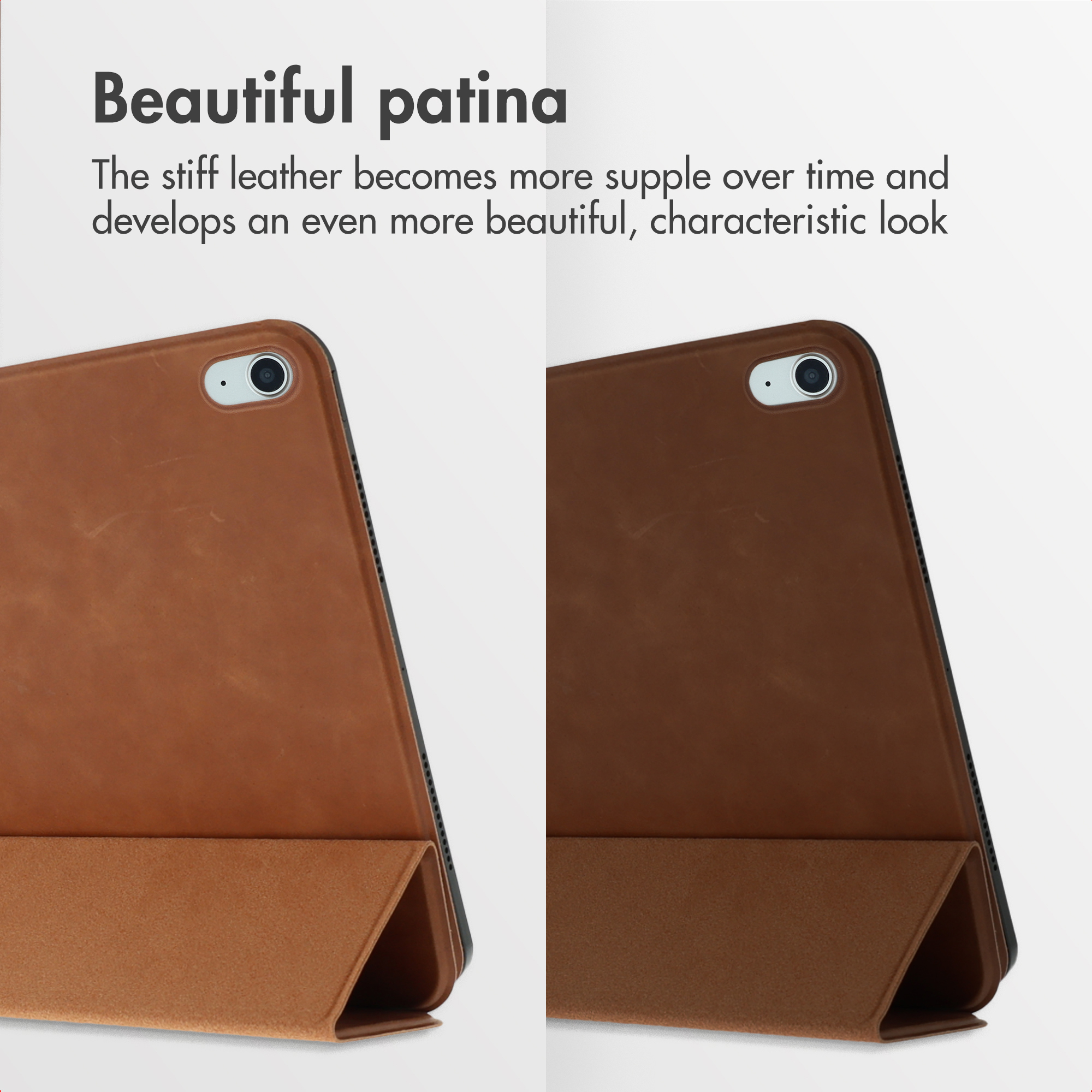 Comparison of two brown leather tablet cases showing how a beautiful patina develops over time.
