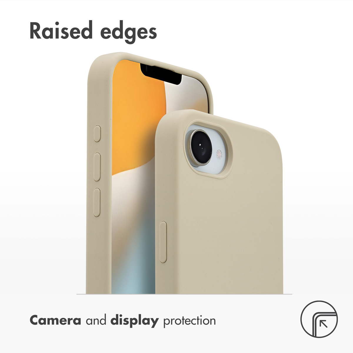 Coque de téléphone beige montrant des bords surélevés.