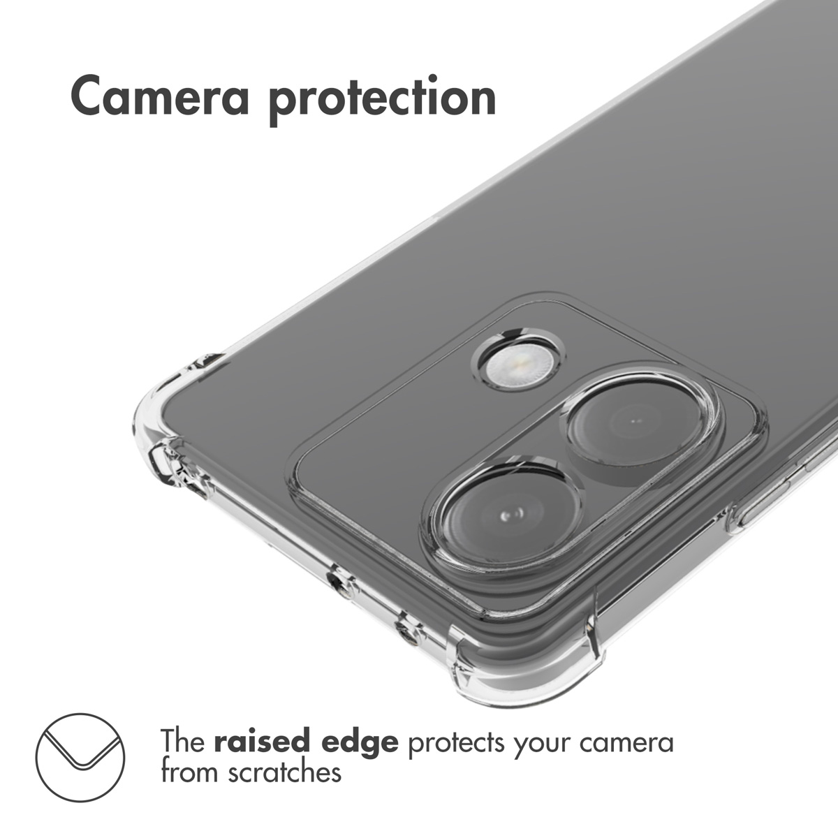 Funda transparente para smartphone con borde elevado para proteger la cámara trasera.