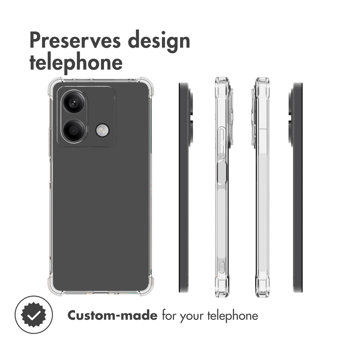 Cuatro vistas de una funda transparente para móvil con esquinas reforzadas y texto sobre diseño.