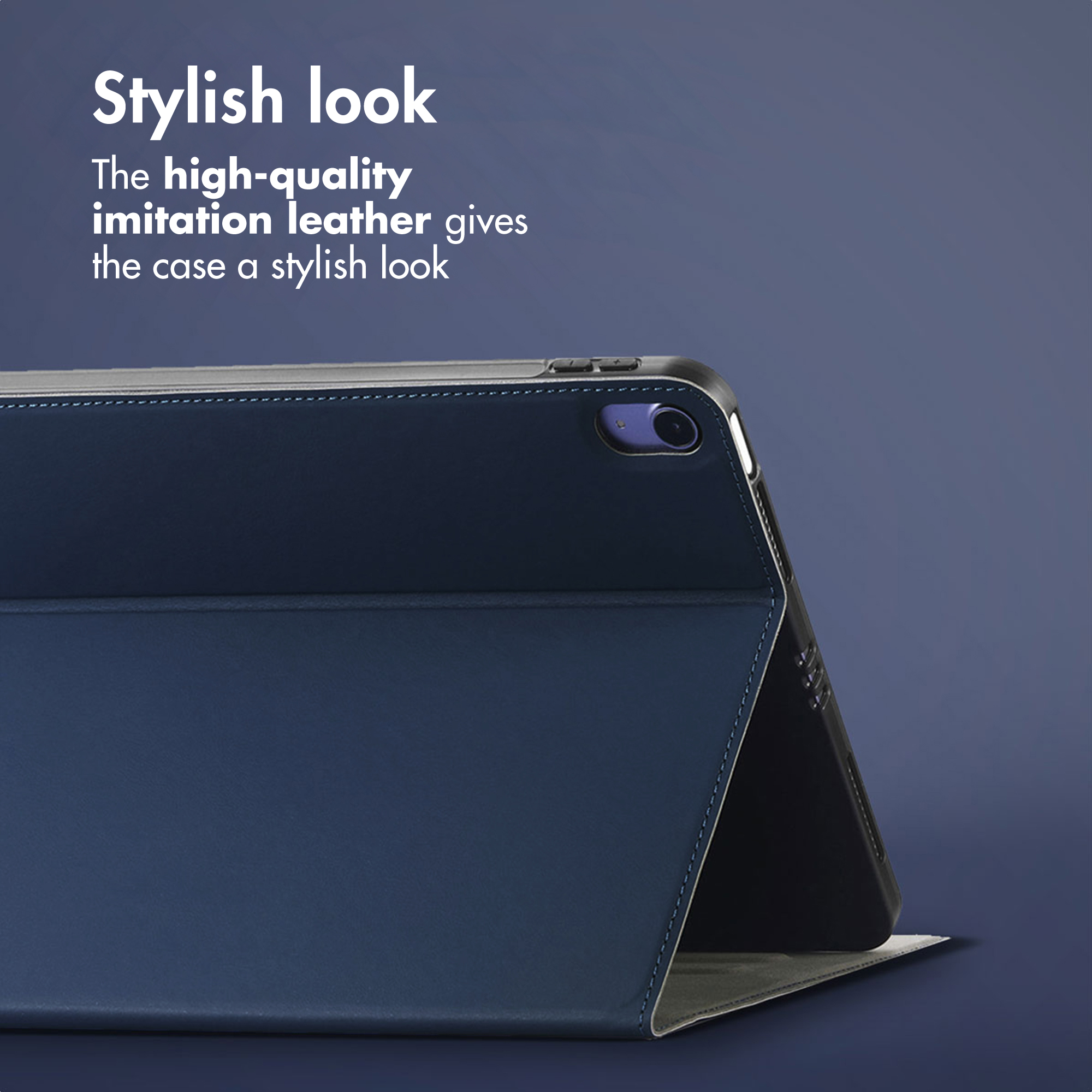 Blue leather tablet case on a dark background with text.
