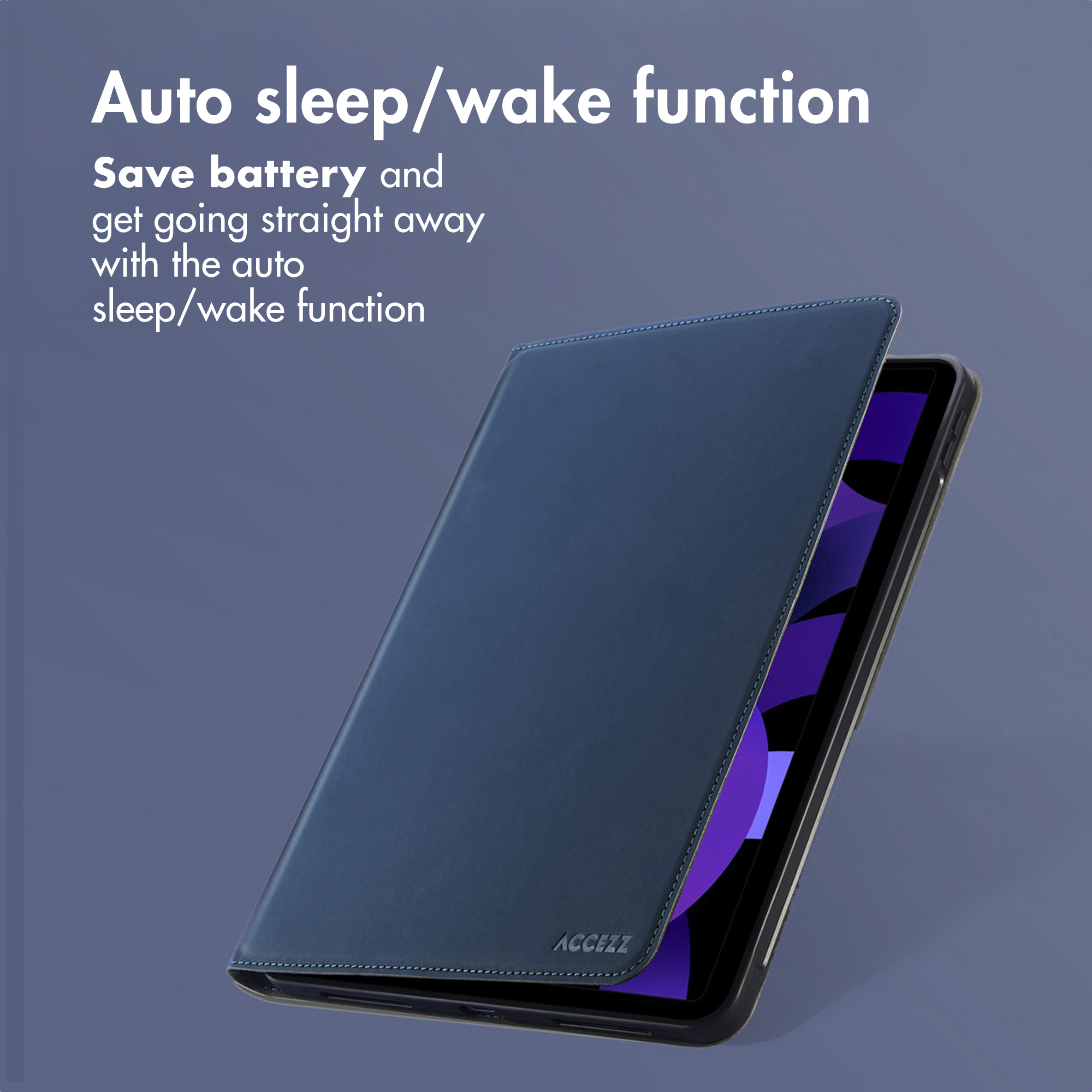 A dark blue tablet case stands on a purple background with text about the auto sleep/wake function.