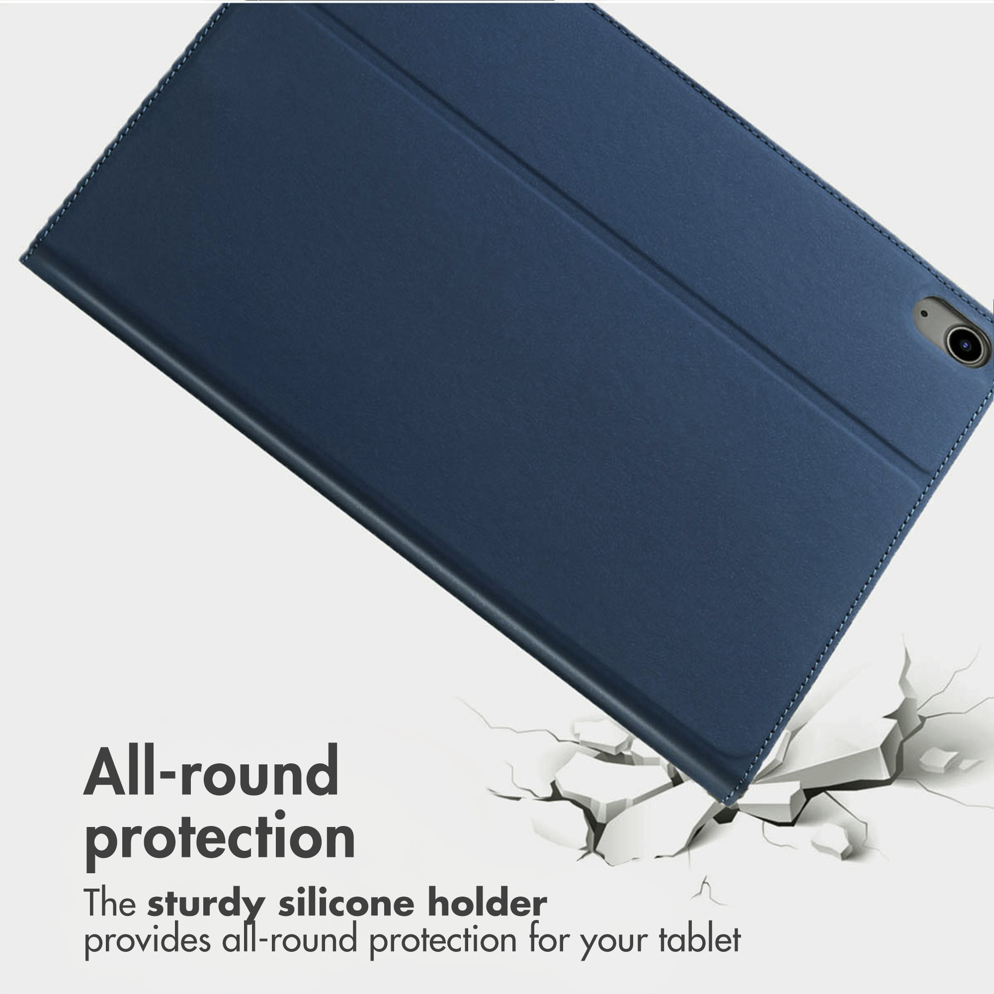 A blue tablet case on a cracked surface with promotional text for all-round protection.