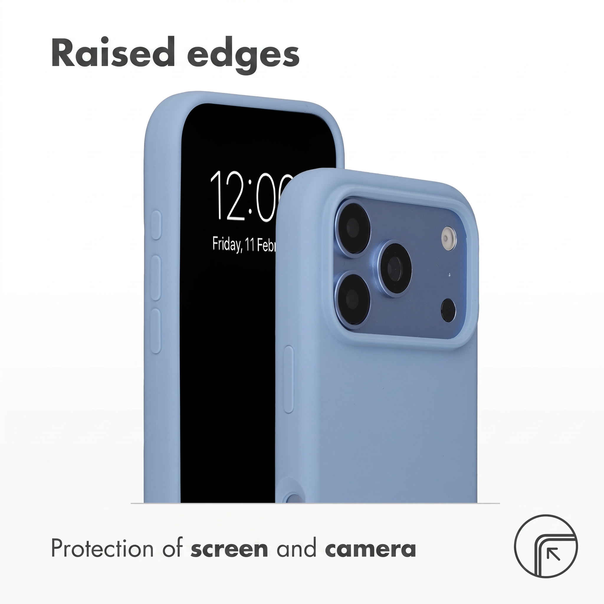 Blauw telefoonhoesje met verhoogde randen voor scherm- en camerabescherming.