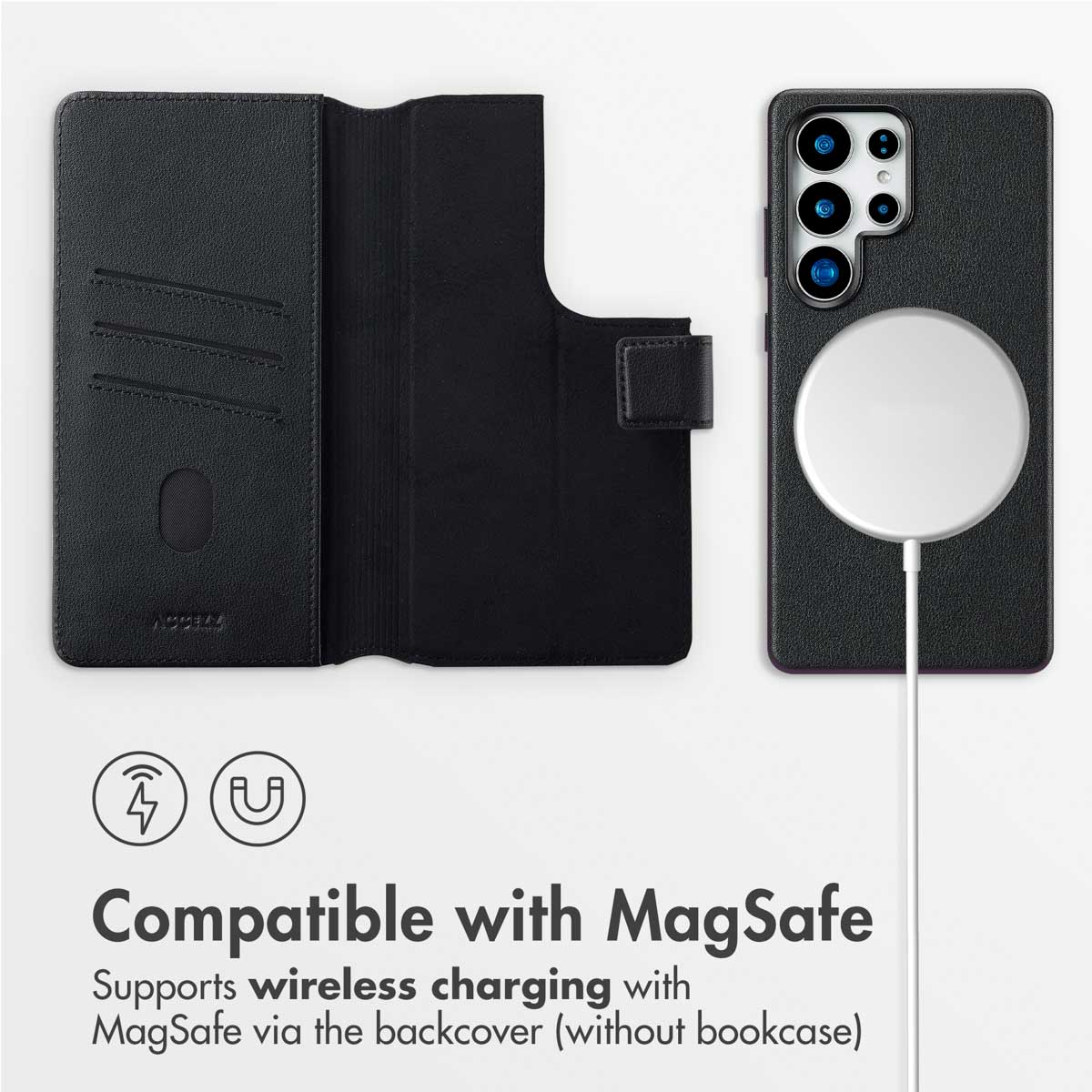 Custodia nera per telefono con porta carte e ricarica MagSafe.
