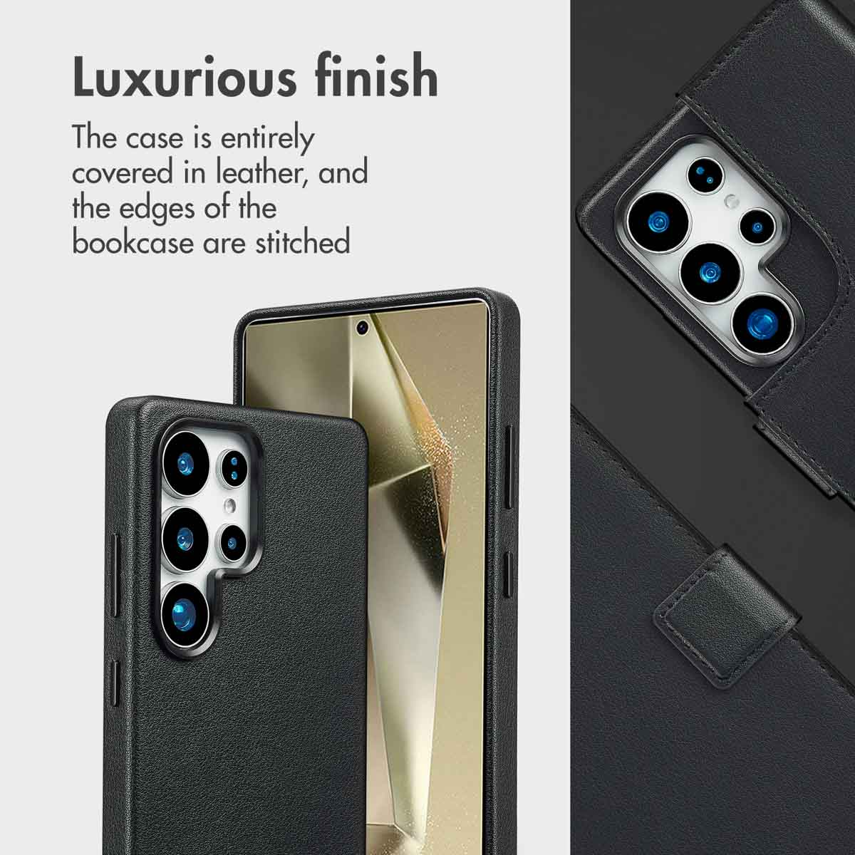 Lussuosa custodia per telefono in pelle nera con più obiettivi per fotocamera e testo.