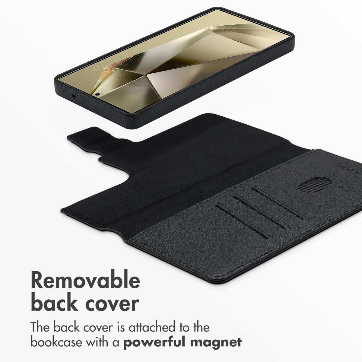 Uno smartphone con custodia protettiva magnetica rimovibile su sfondo bianco.