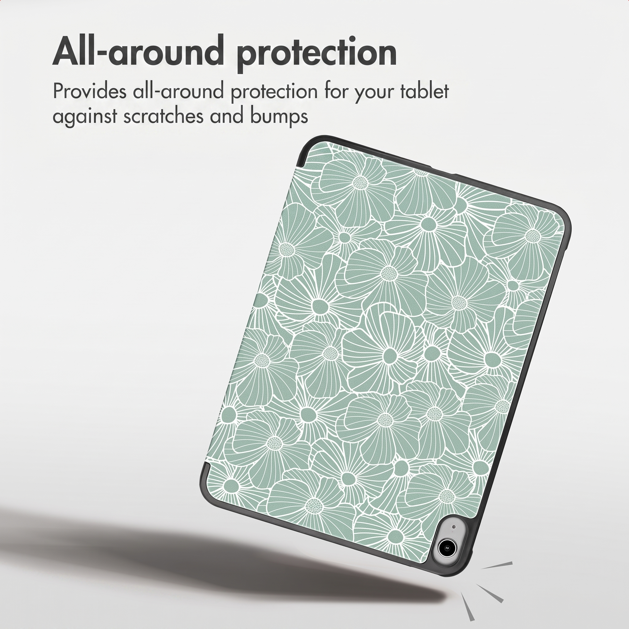 Een tablet in een beschermhoes met groen-wit bloemenpatroon en tekst.