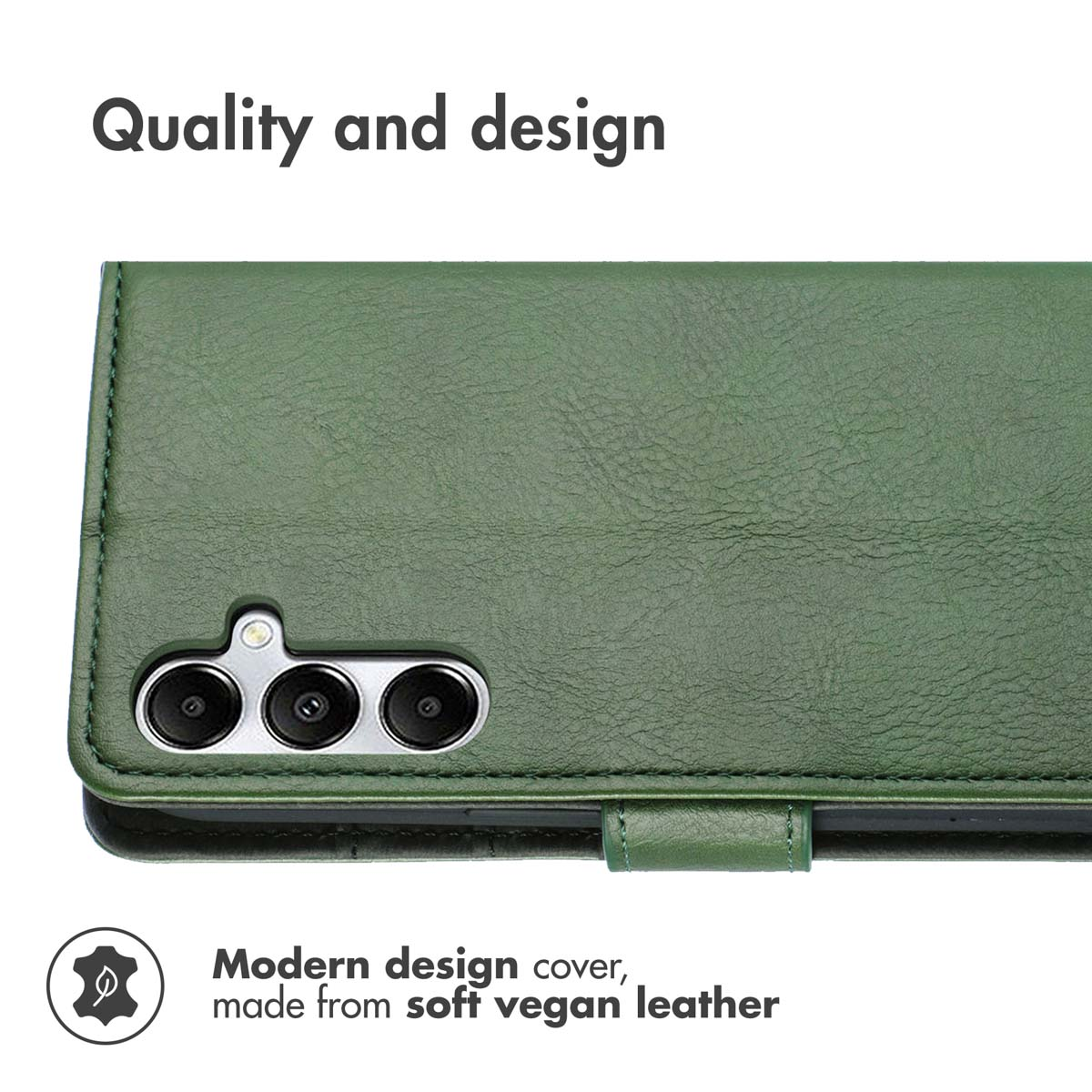 Custodia per telefono in pelle vegana verde con ritaglio per fotocamera.