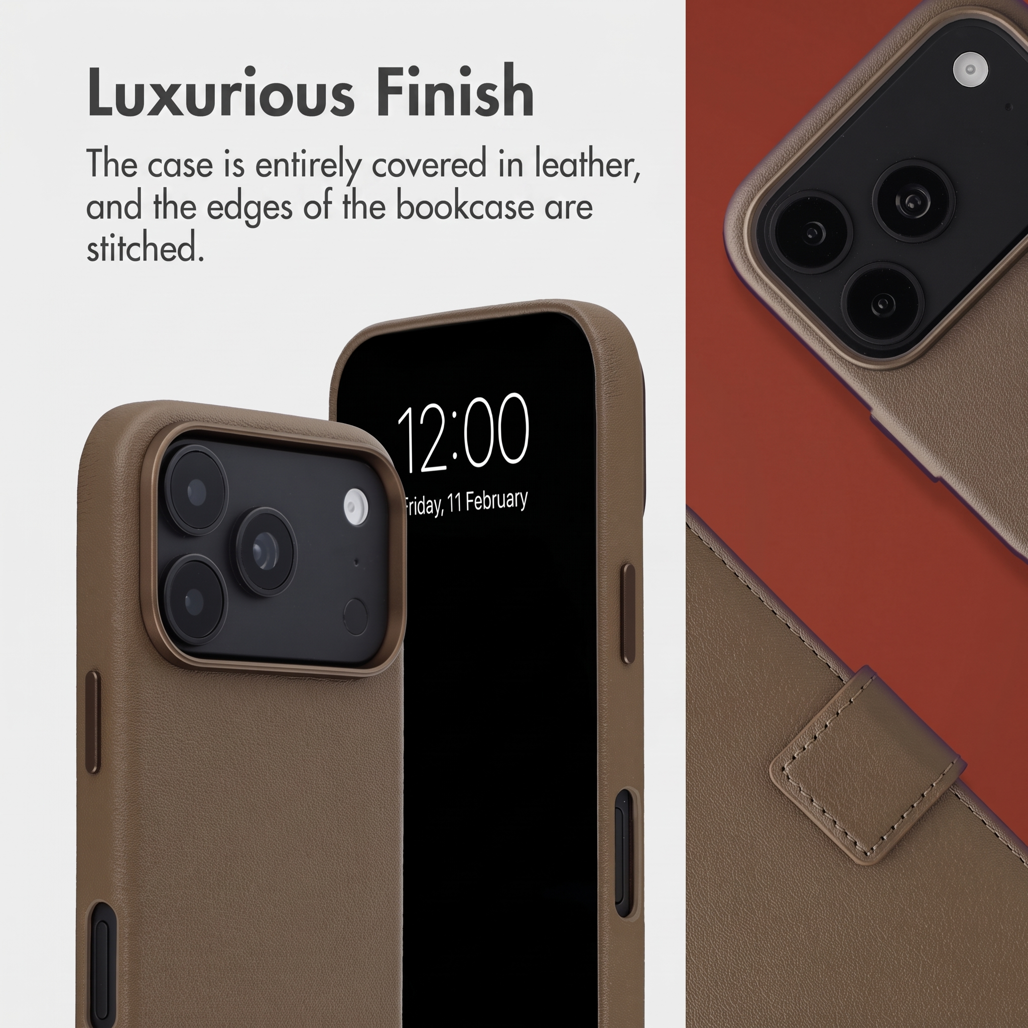 Coque de smartphone en cuir marron avec bords cousus et découpe pour appareil photo sur fond rouge et blanc.