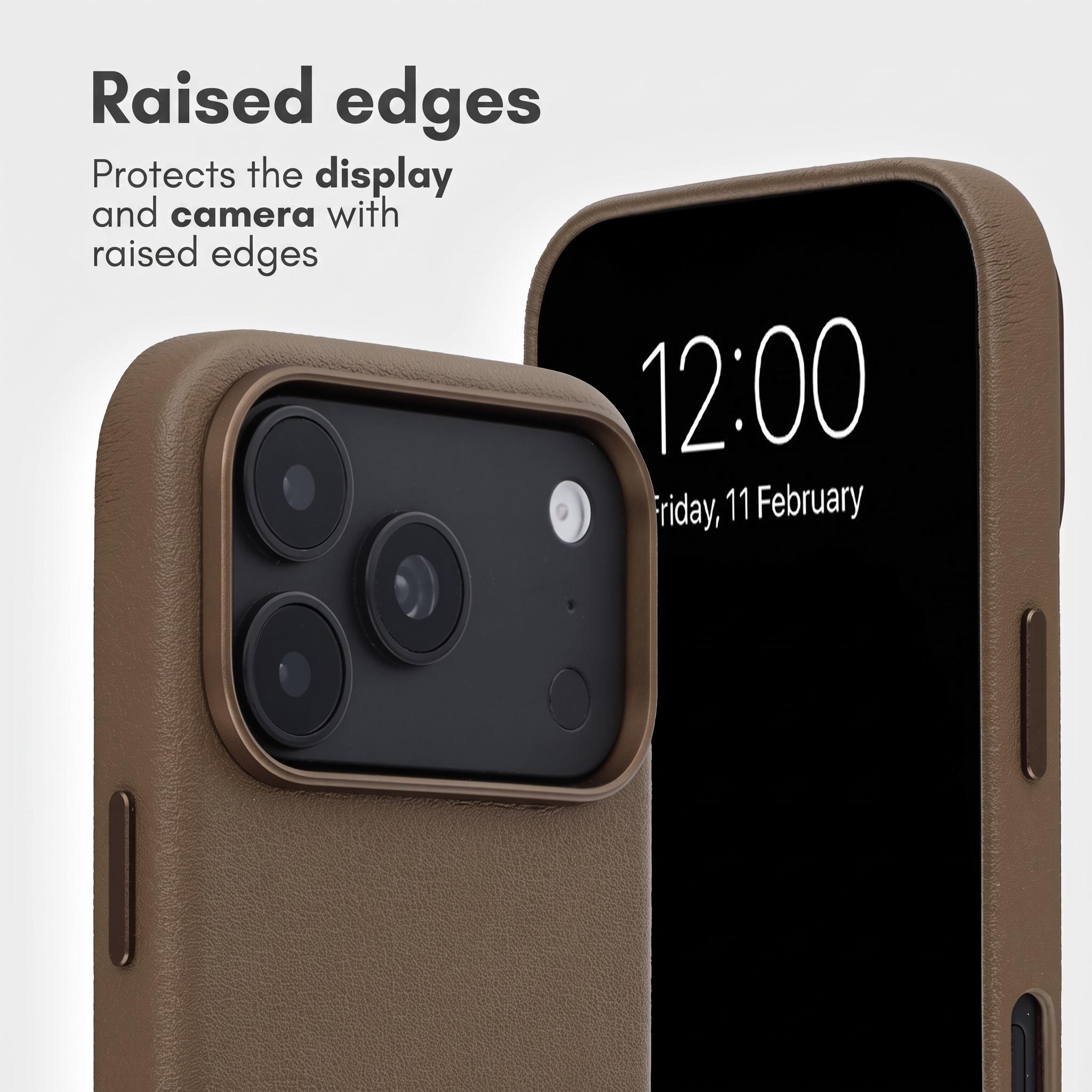 Coque de téléphone marron avec des bords surélevés protégeant l'écran et l'appareil photo.