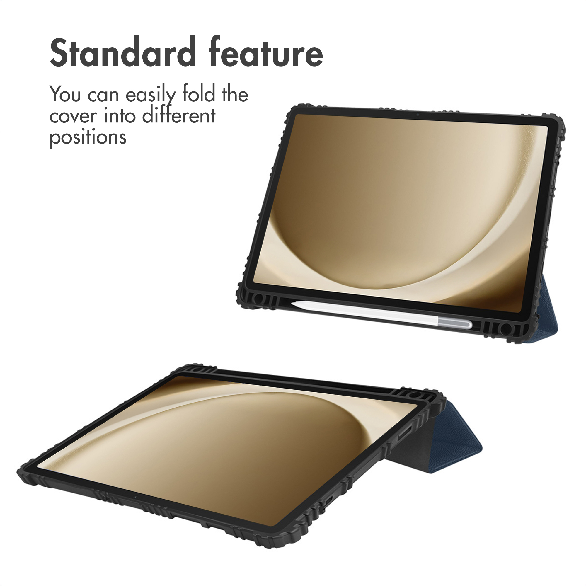 Two tablets in blue cases showing adjustable standing and flat folding positions, with text on the left.