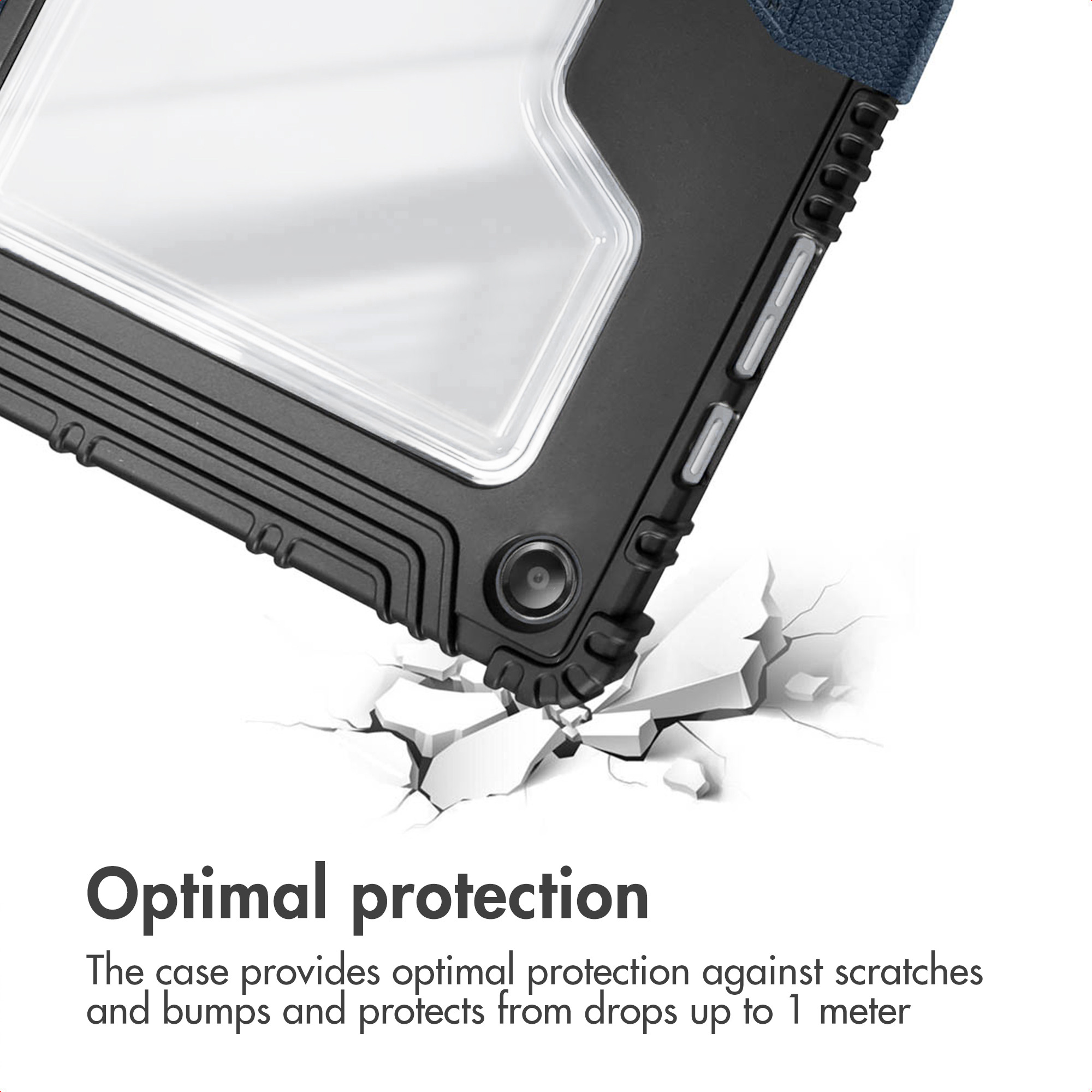 Rugged black and blue tablet case shown above a cracked surface, emphasizing drop protection and durability.