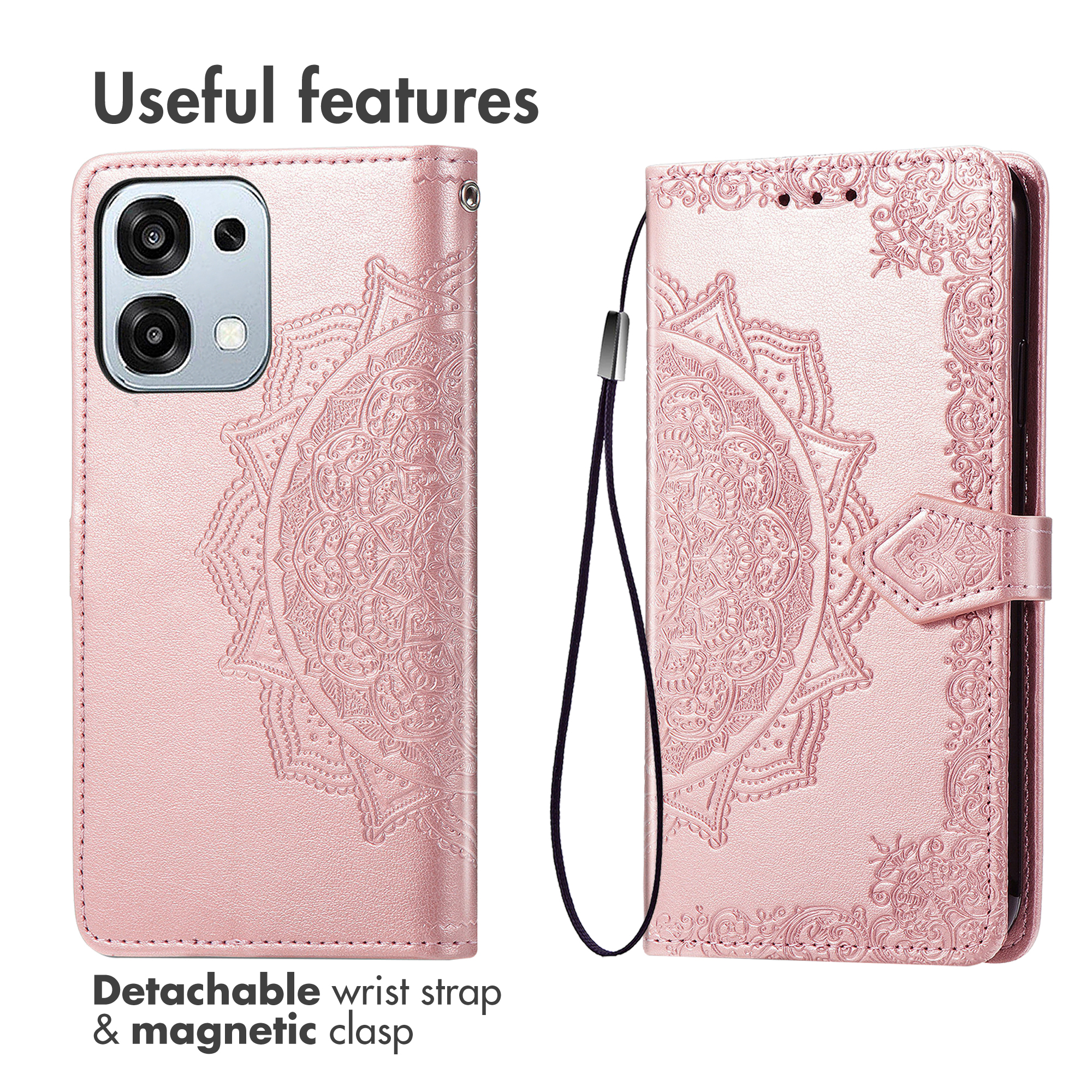 Custodia per telefono in ecopelle rosa con motivo mandala, laccetto e chiusura magnetica.